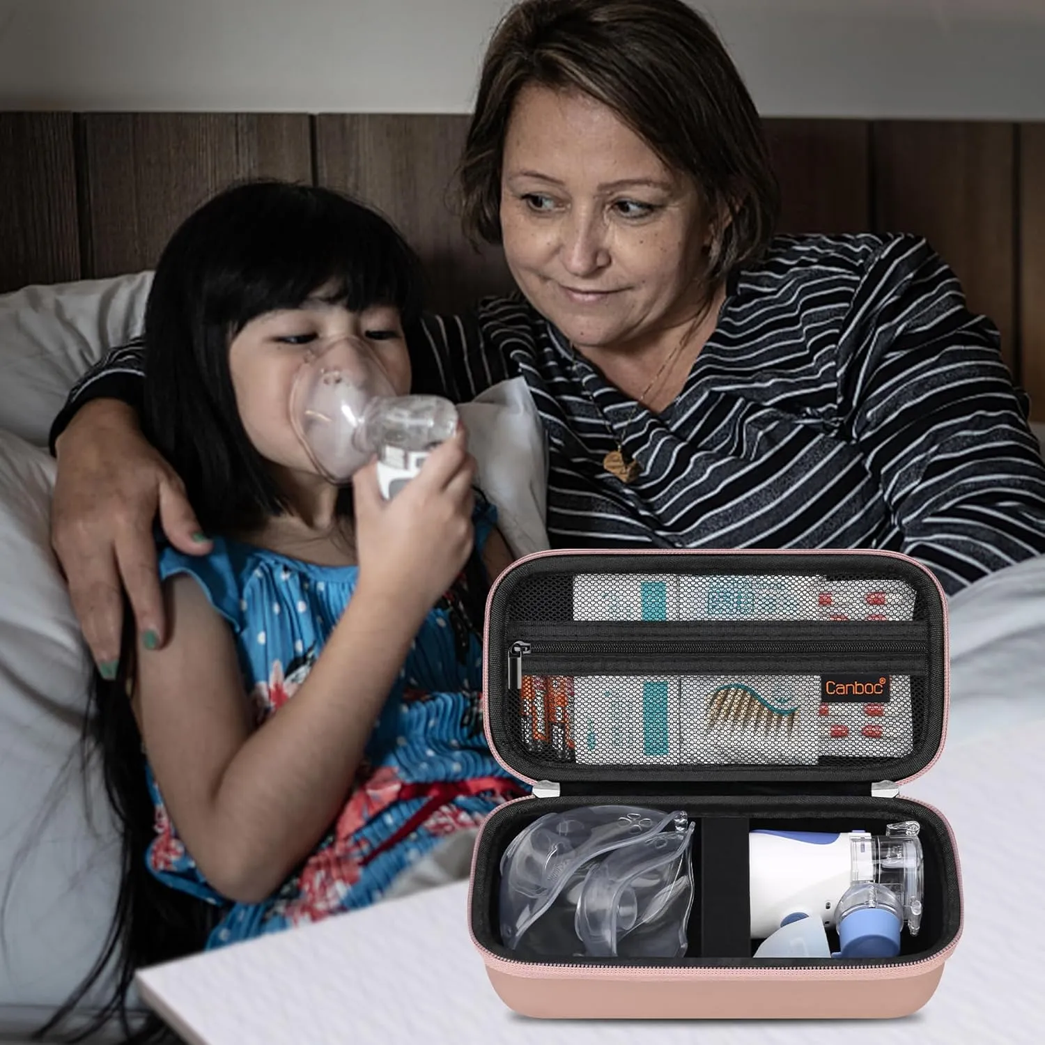 Canboc Hard Travel Case for Portable Handheld Inhaler Nebulizer, Home Compression Nebulizer for Adults and Kids, Mesh Pocket fit Packets of Medication or Other Essentials, Rose Gold (Case Only)