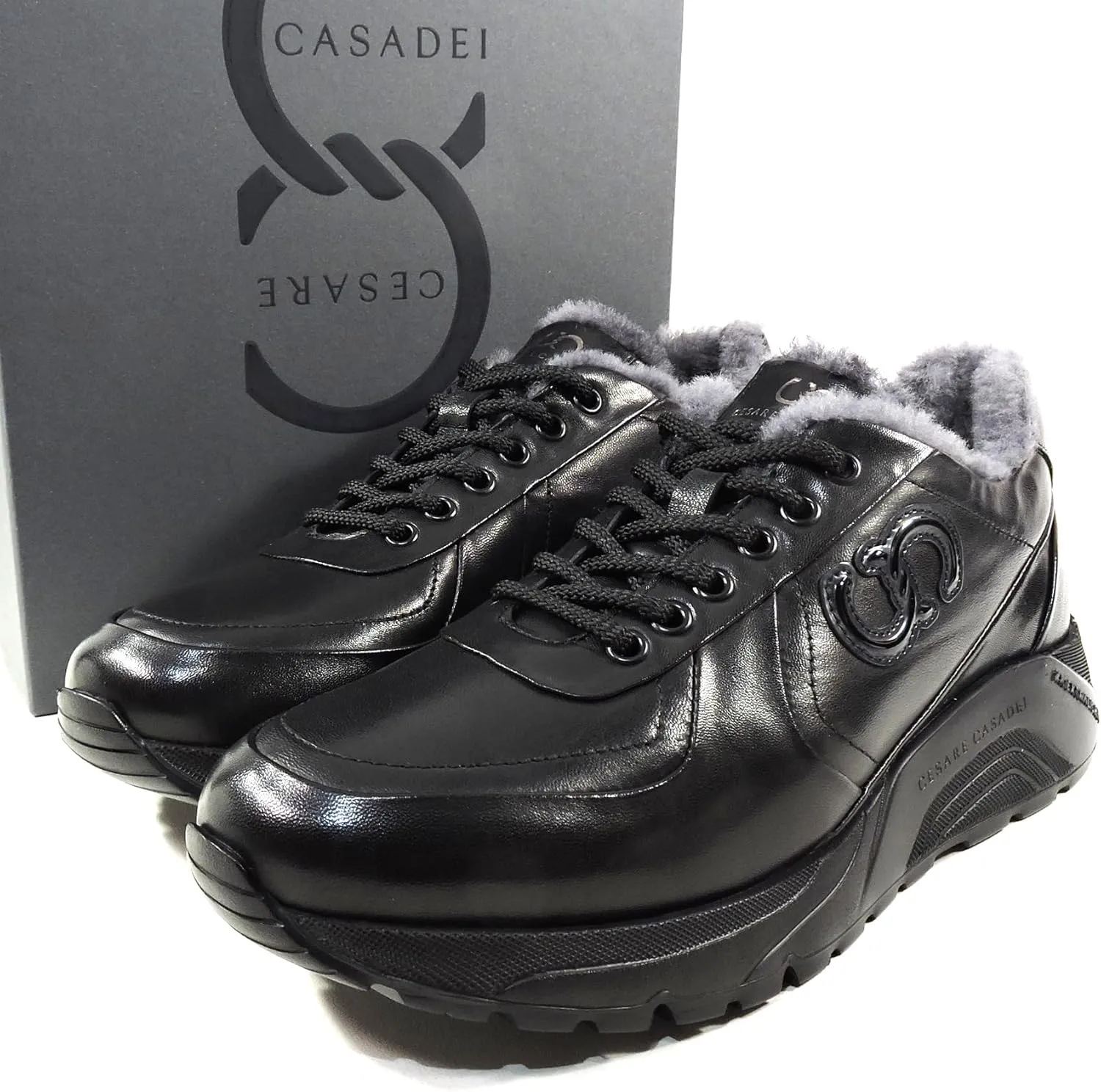 Casadei Men's Black Soft Leather Lamb Fur Winter Fashion Sneakers