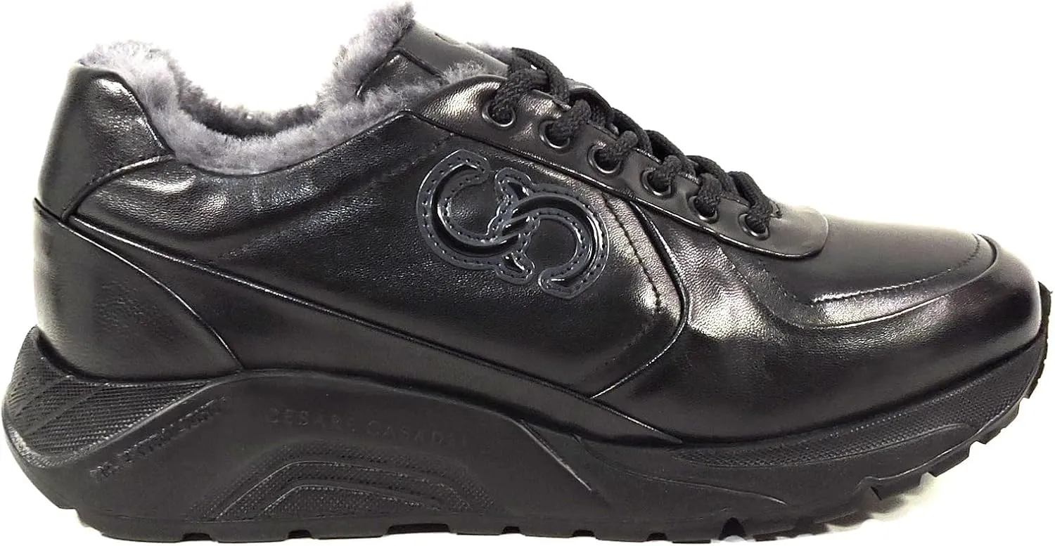 Casadei Men's Black Soft Leather Lamb Fur Winter Fashion Sneakers