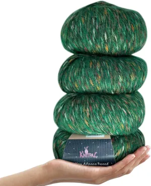 Cotton Alpaca Tweed Alpaca Yarn for Crocheting, 4 Skeins, 588Yds/200G, Free Patterns - Tweed Yarn for Knitting - 3 DK Light Worsted Weight - Emerald Green