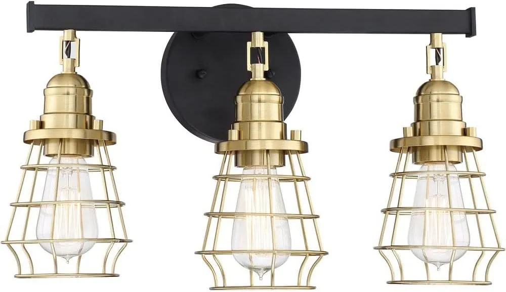 Craftmade 50603-FBSB Thatcher Vintage Industrial Metal Wire Cage Vanity Bath Lighting, 3-Light 300 Watts, Flat Black/Satin Brass