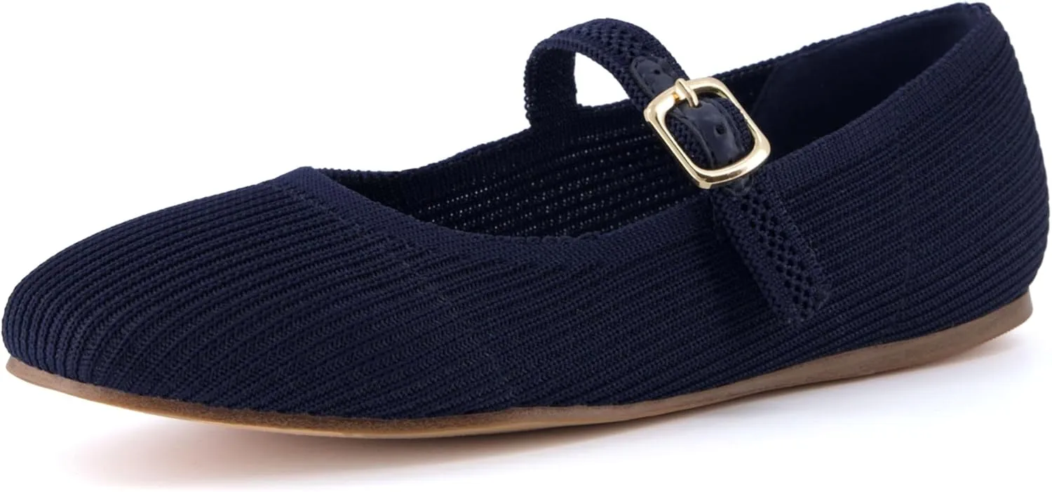 CUSHIONAIRE Women's Petal Mary Jane Knit Flat – Stretchy Textured Fabric, Adjustable Strap, Memory Foam, Available in Wide Widths, Comfortable & Lightweight