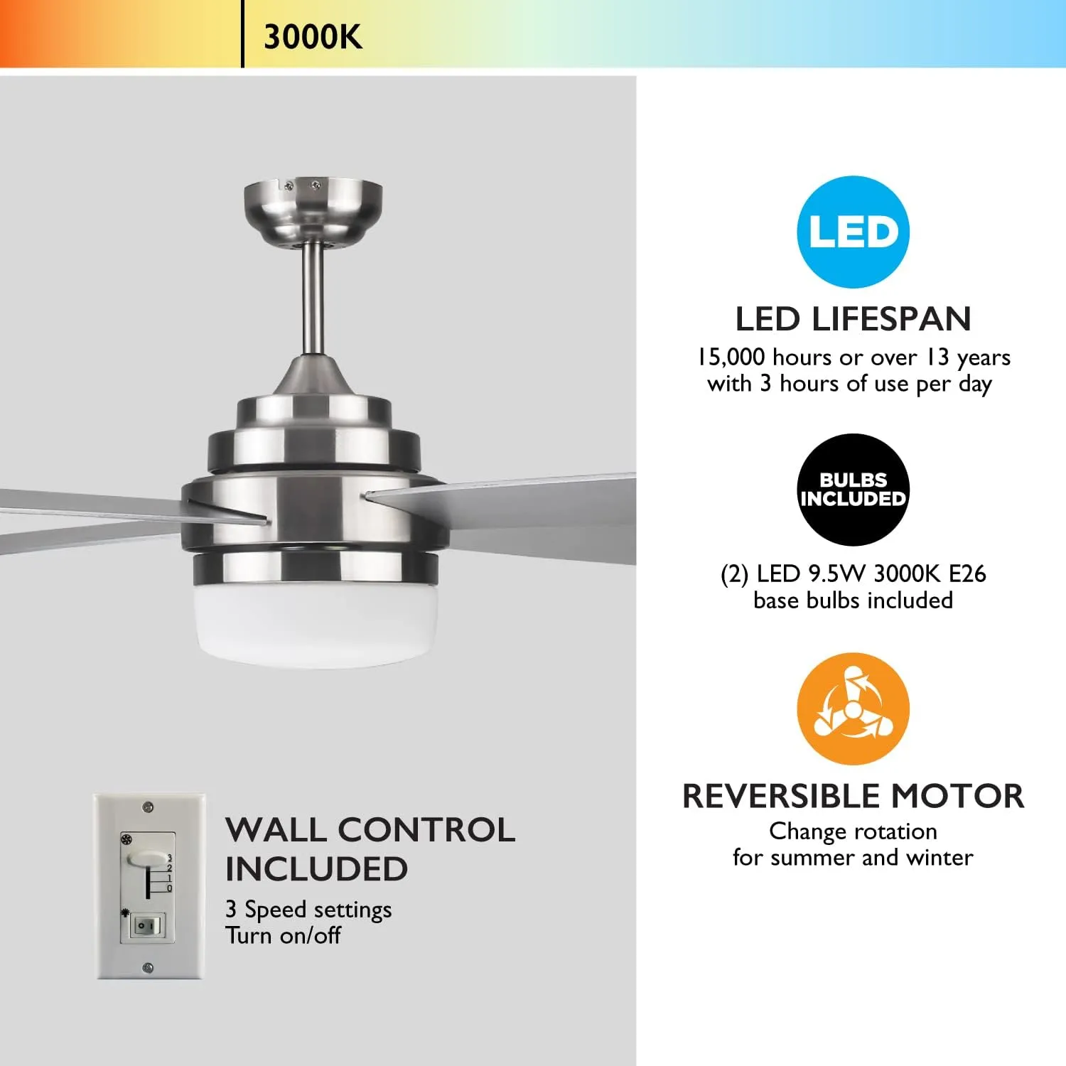 Design House 157354 Cali 52-inch Contemporary Indoor Ceiling Fan with LED Light Kit with 4-Blades, Reverse Airflow, Wall Control, Brushed Nickel