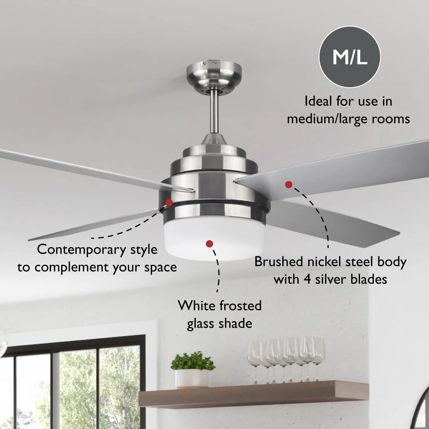 Design House 157354 Cali 52-inch Contemporary Indoor Ceiling Fan with LED Light Kit with 4-Blades, Reverse Airflow, Wall Control, Brushed Nickel