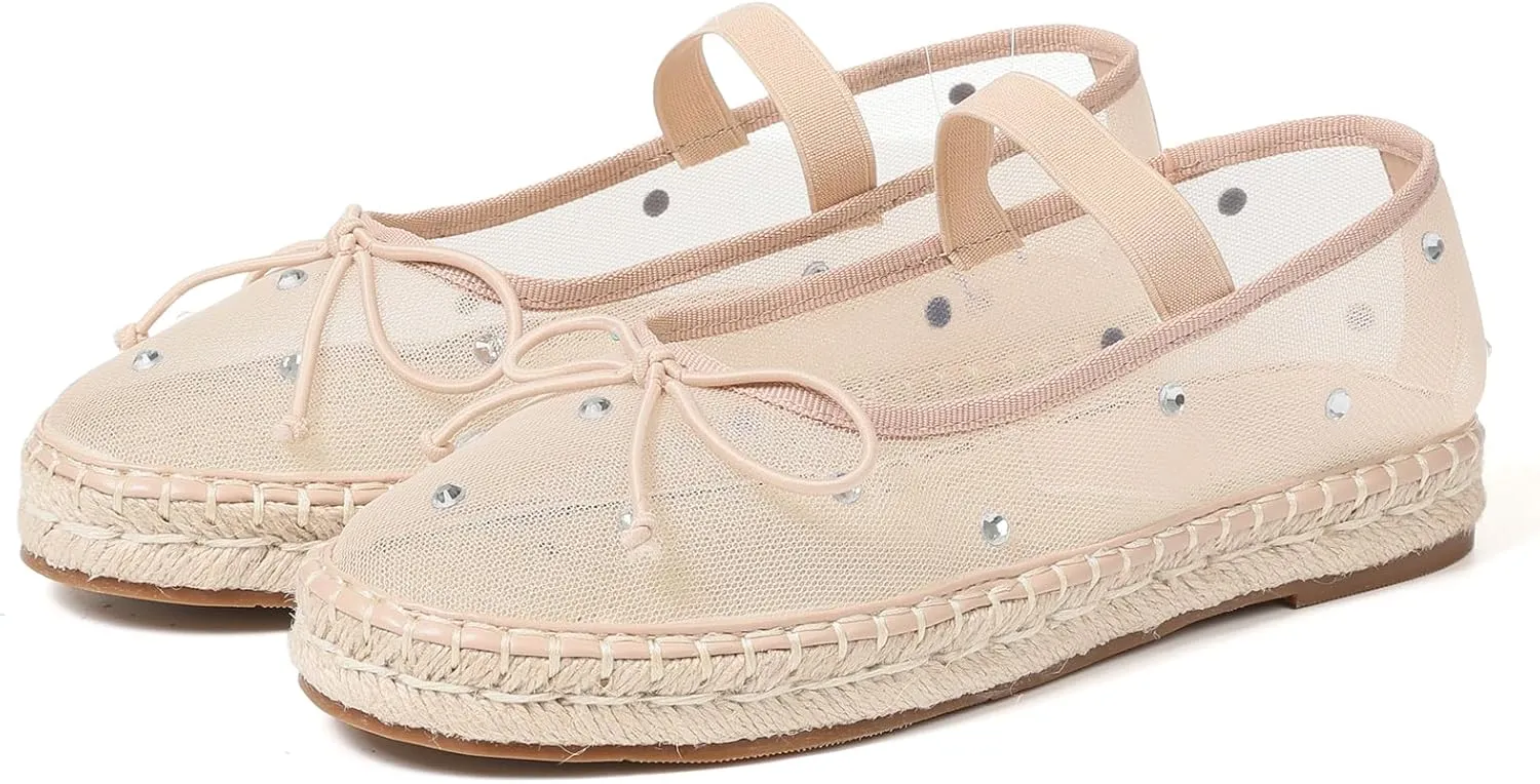 Goiphrri Mesh Mary Jane Flats for Women Platform Espadrilles Bow Knot Mary Janes Straw Mesh Ballet Flats for Women Flatform Dress Pumps