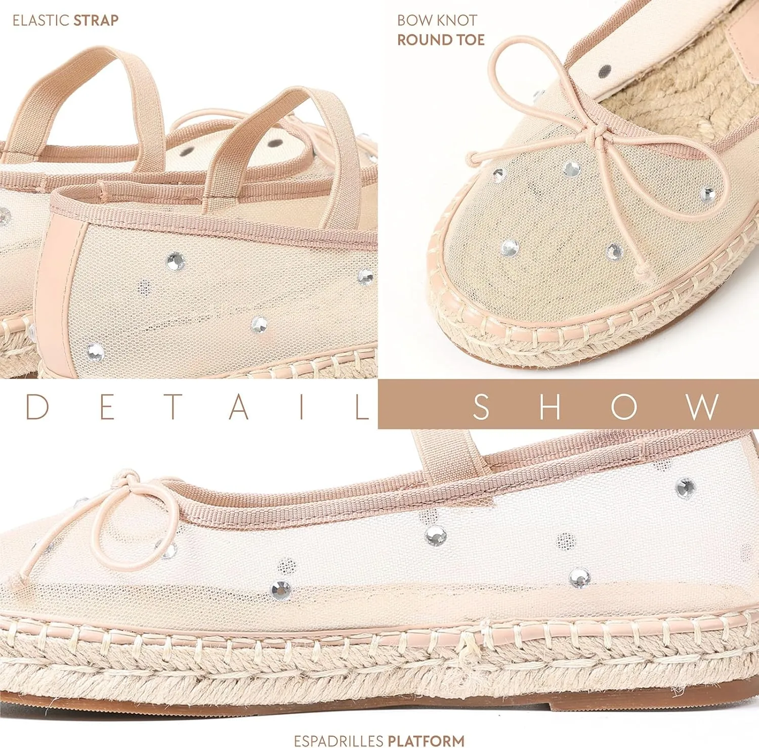Goiphrri Mesh Mary Jane Flats for Women Platform Espadrilles Bow Knot Mary Janes Straw Mesh Ballet Flats for Women Flatform Dress Pumps