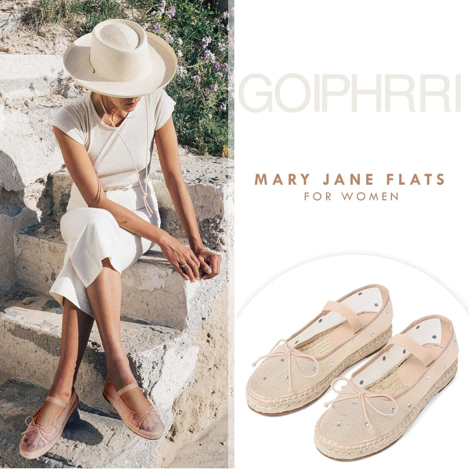 Goiphrri Mesh Mary Jane Flats for Women Platform Espadrilles Bow Knot Mary Janes Straw Mesh Ballet Flats for Women Flatform Dress Pumps