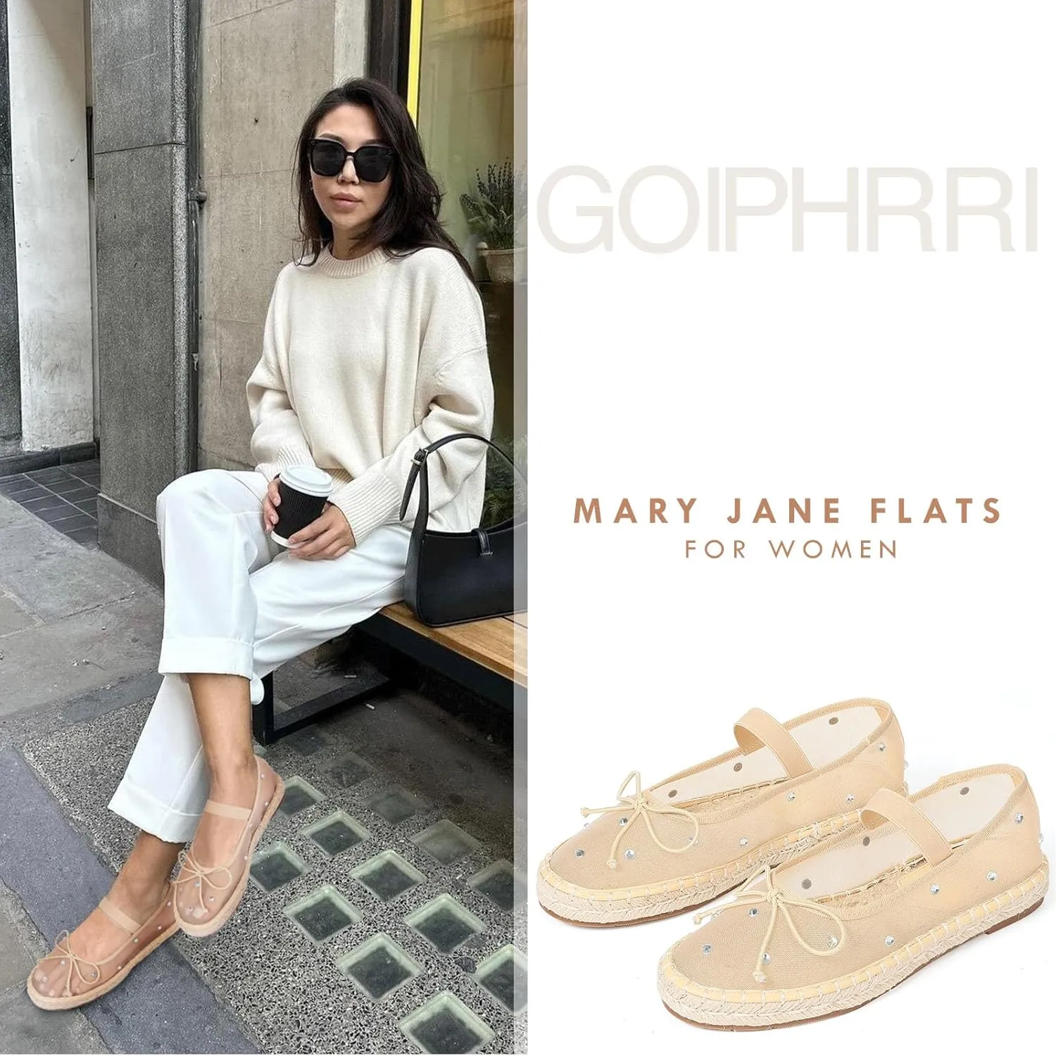 Goiphrri Mesh Mary Jane Flats for Women Platform Espadrilles Bow Knot Mary Janes Straw Mesh Ballet Flats for Women Flatform Dress Pumps