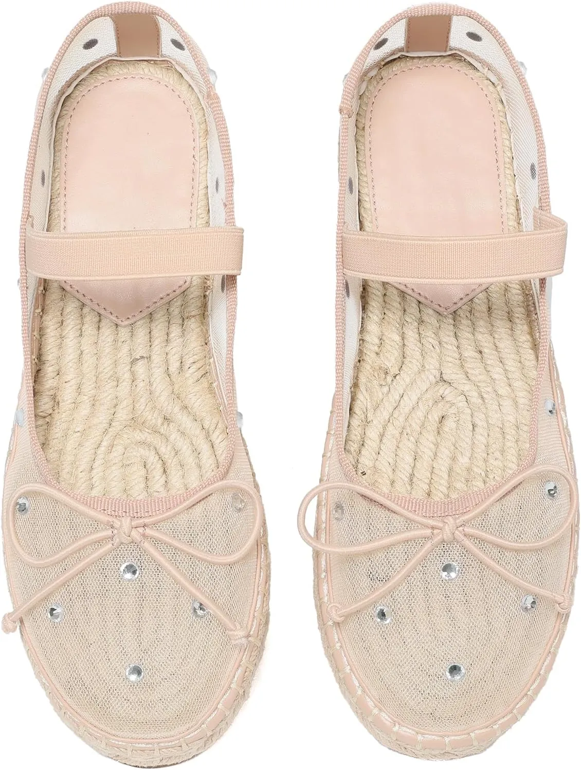 Goiphrri Mesh Mary Jane Flats for Women Platform Espadrilles Bow Knot Mary Janes Straw Mesh Ballet Flats for Women Flatform Dress Pumps
