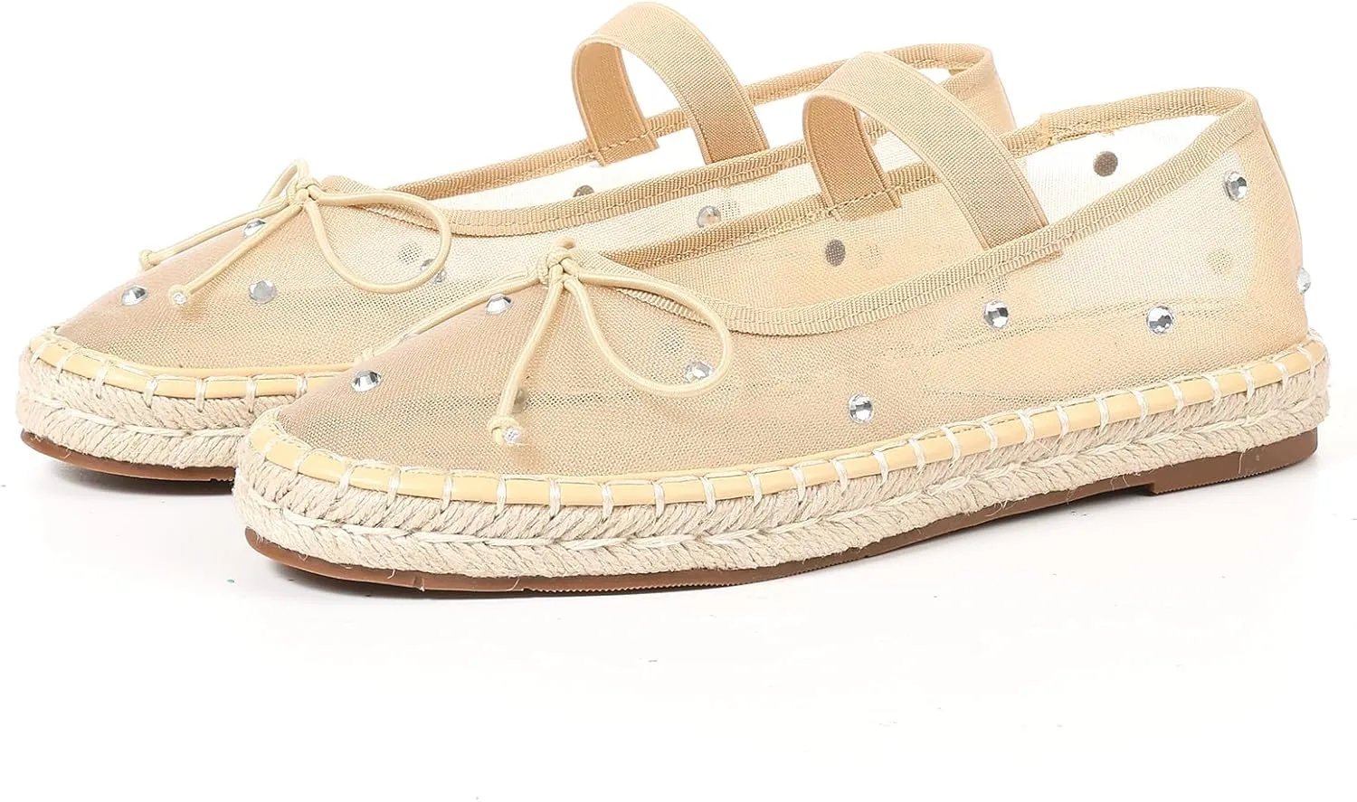 Goiphrri Mesh Mary Jane Flats for Women Platform Espadrilles Bow Knot Mary Janes Straw Mesh Ballet Flats for Women Flatform Dress Pumps