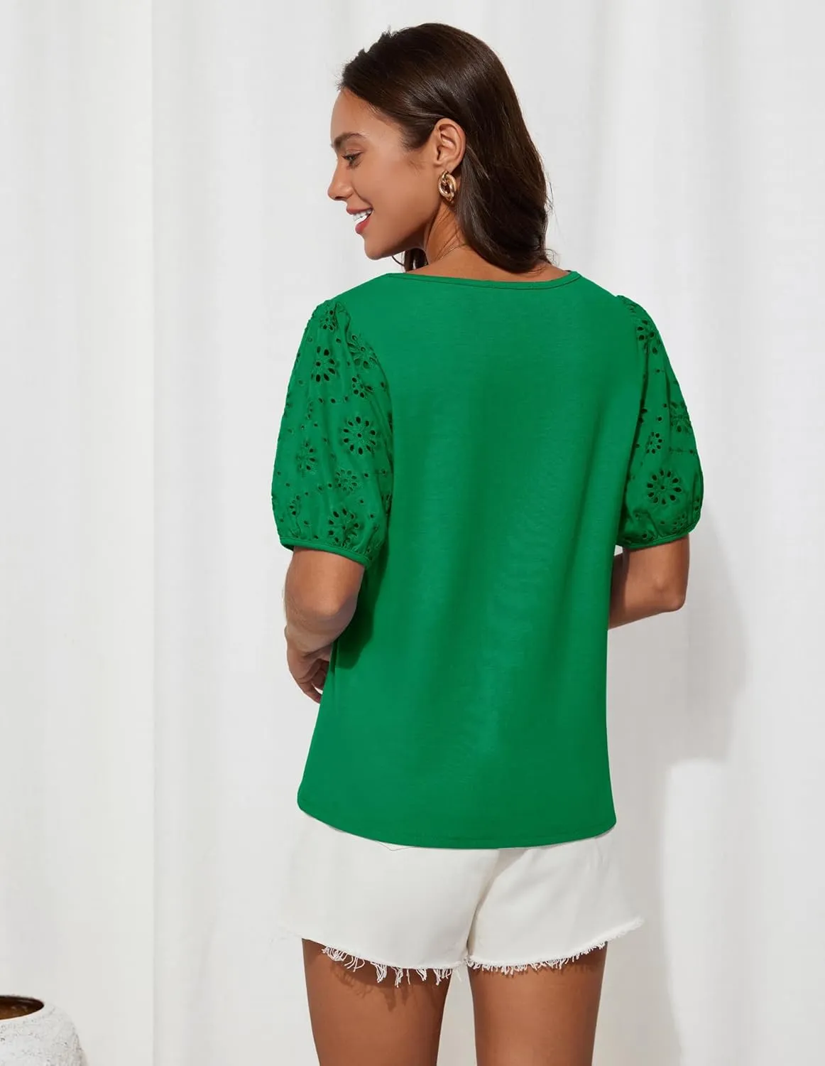GRACE KARIN Short Sleeve Casual Tops for Women Dressy Summer Crewneck Puff Loose Fit Eyelet Top Light Work Blouses Shirts