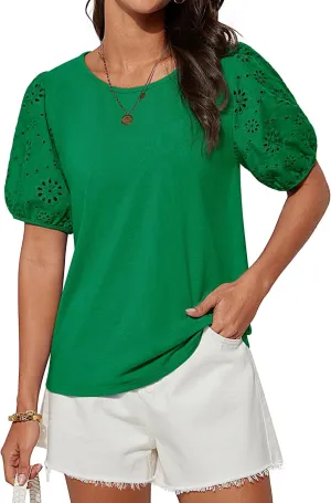 GRACE KARIN Short Sleeve Casual Tops for Women Dressy Summer Crewneck Puff Loose Fit Eyelet Top Light Work Blouses Shirts