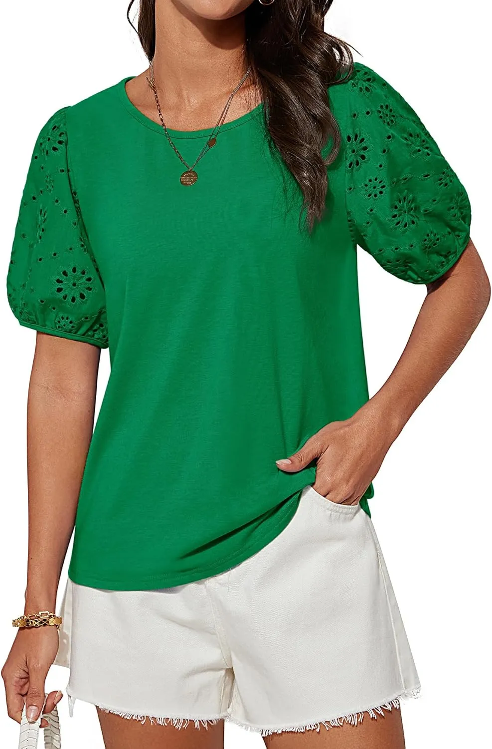 GRACE KARIN Short Sleeve Casual Tops for Women Dressy Summer Crewneck Puff Loose Fit Eyelet Top Light Work Blouses Shirts