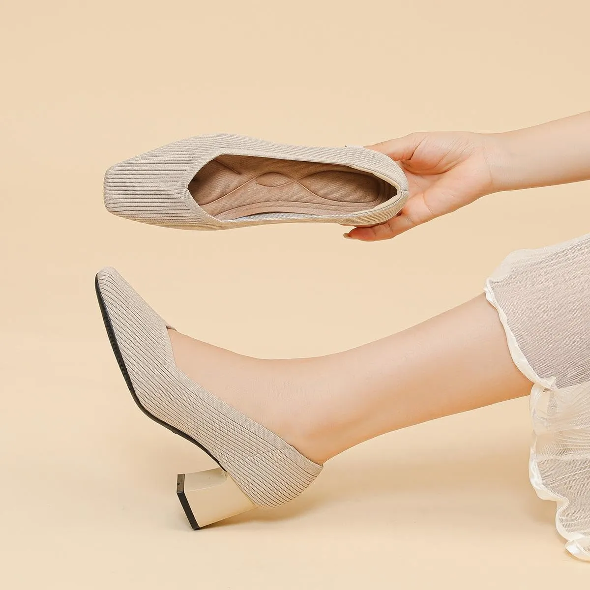 heelchic Women's Pumps, Closed Square Toe Chunky Heels for Women, Low Block Heels Work Pumps Shoes, Casual Daily Pumps for Women