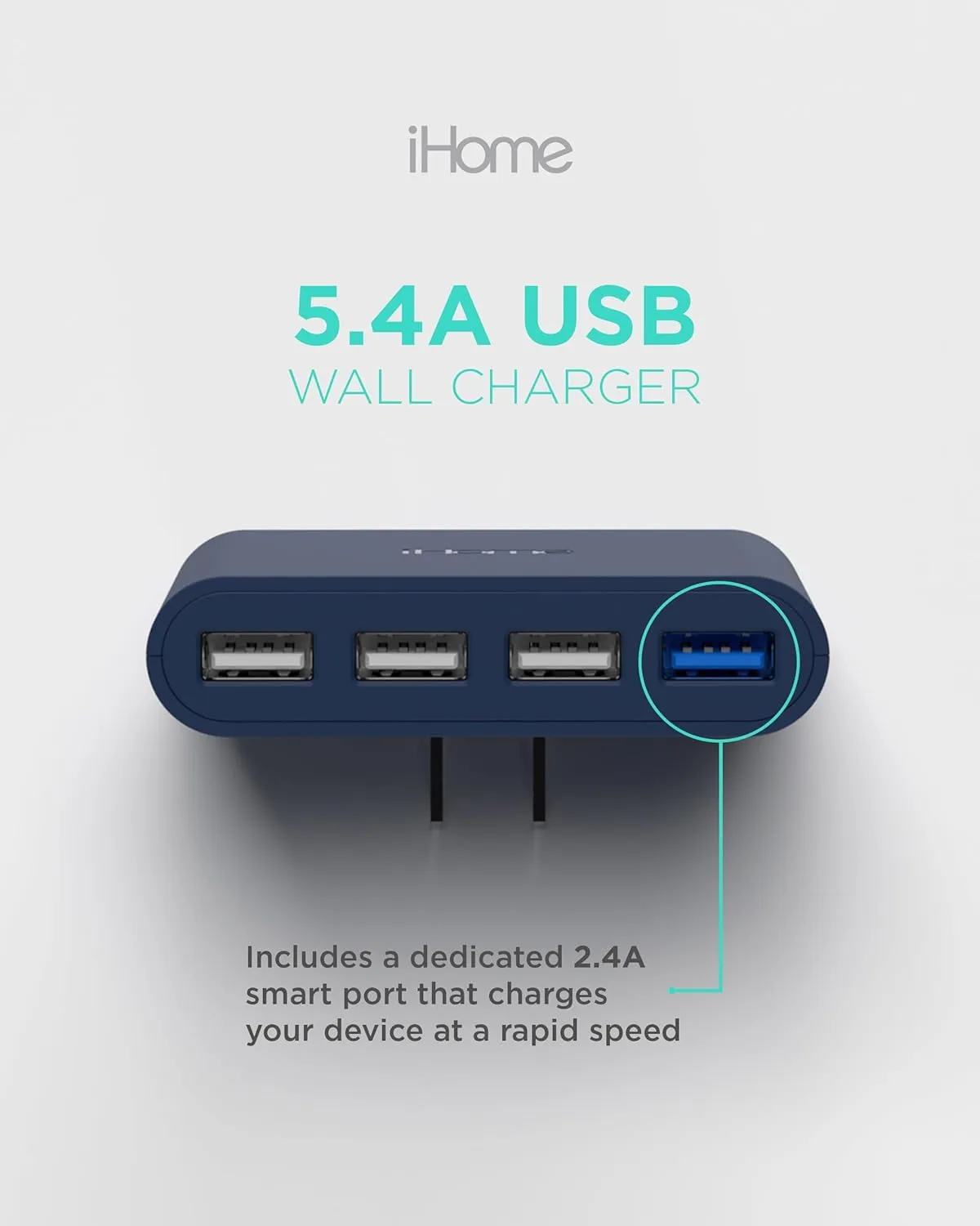 iHome Slim 4-Port USB Wall Charger, AC Pro Multiport Plug Adapter, Phone Charging Block with 4 Ports, Flat USB Wall Adapter for Home & Travel