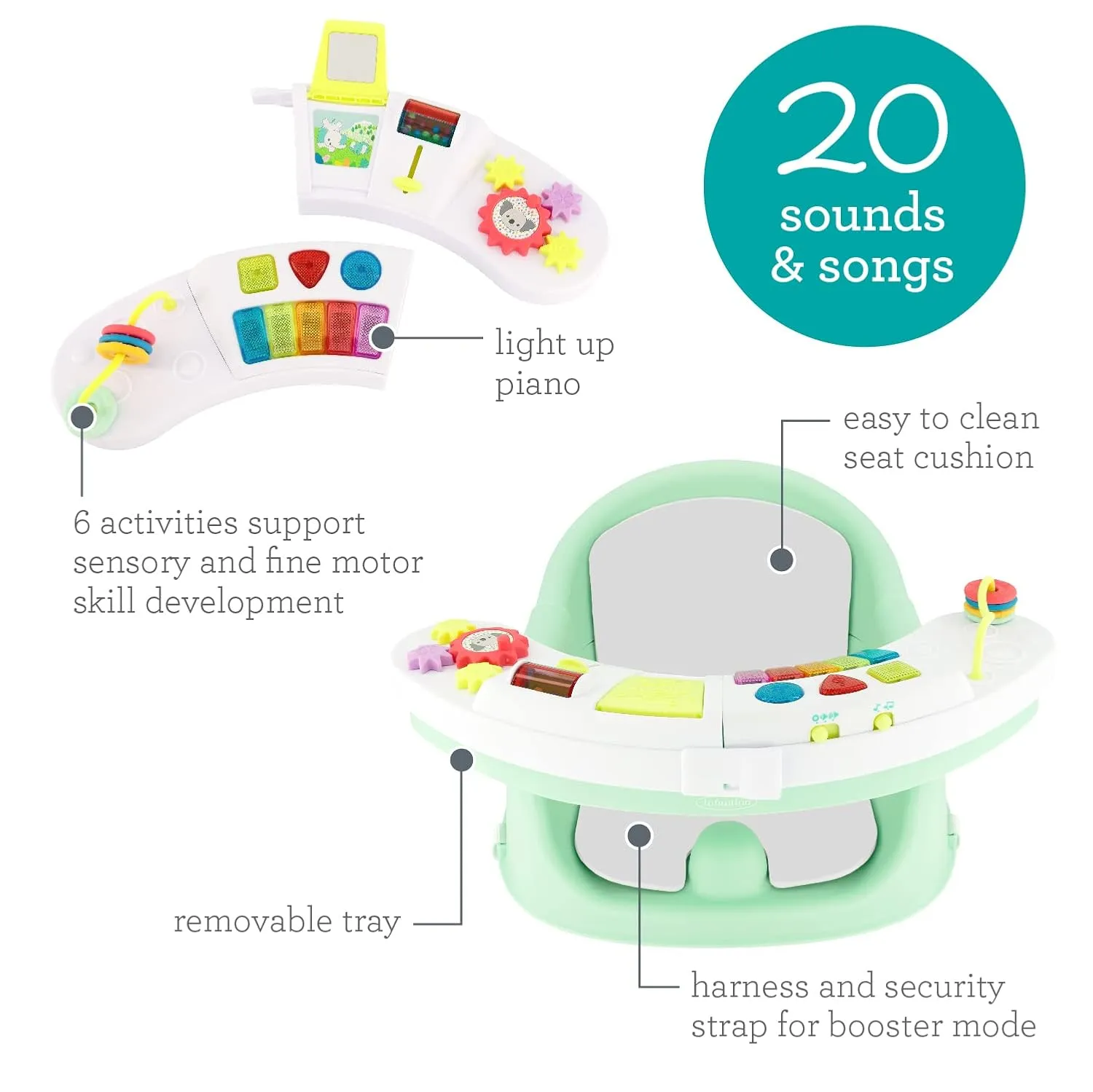 Infantino Music & Lights 3-in-1 Discovery Seat and Booster - Convertible, Infant Activity and Feeding Seat with Electronic Piano for Sensory Exploration, for Babies and Toddlers, Mint