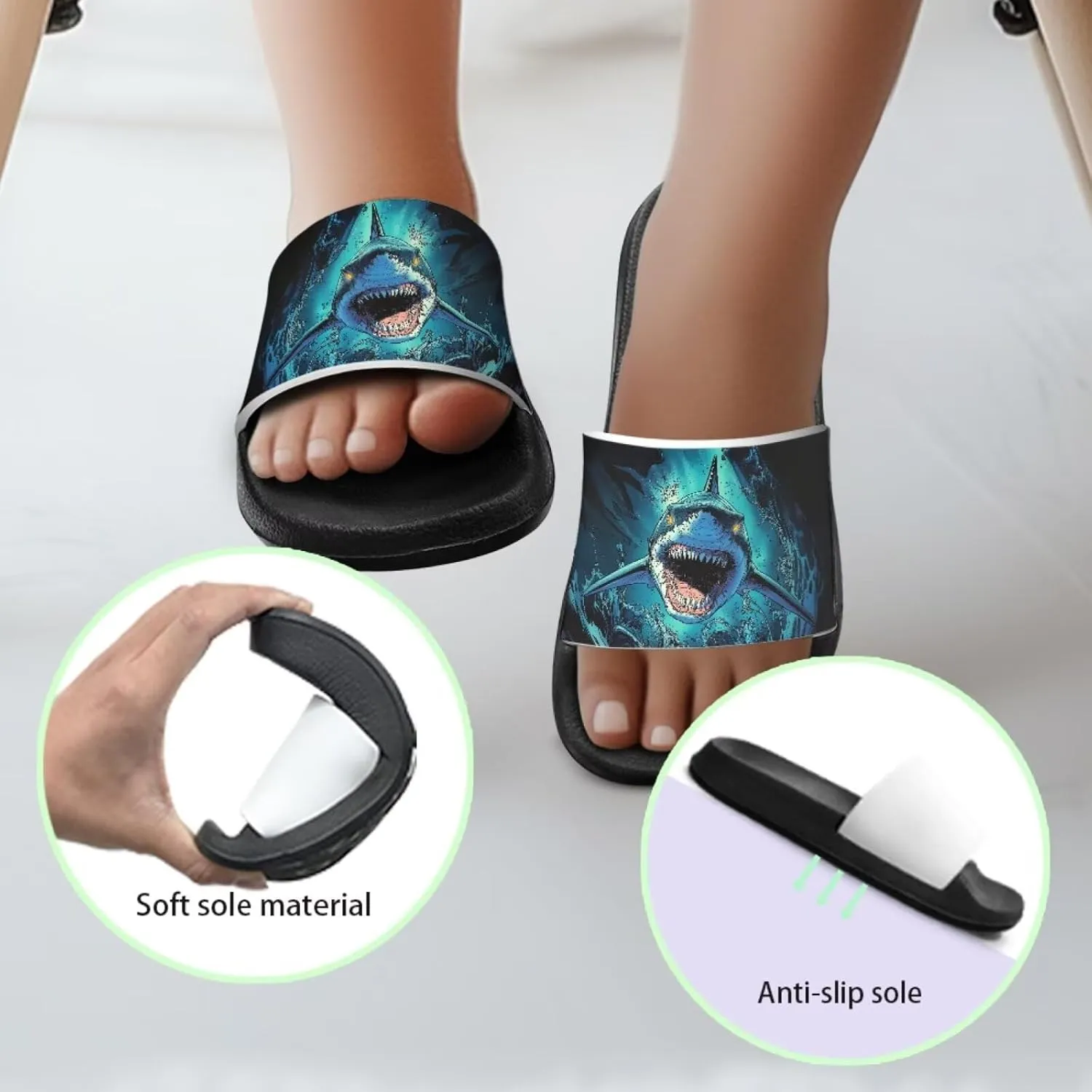 Jeiento Cartoon Slides for Kids Age 4-8,Shark Slide Slippers Little Girl Beach Sandals Anti Slip Children Shower Shoes