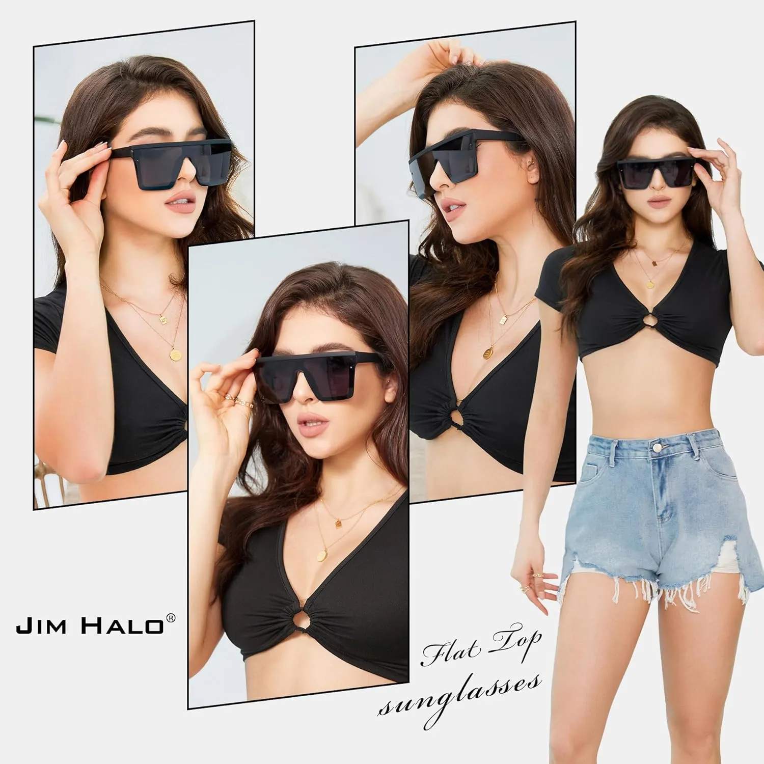 JIM HALO Flat Top Shield Sunglasses Square Mirror Rimless Glasses for Women Men