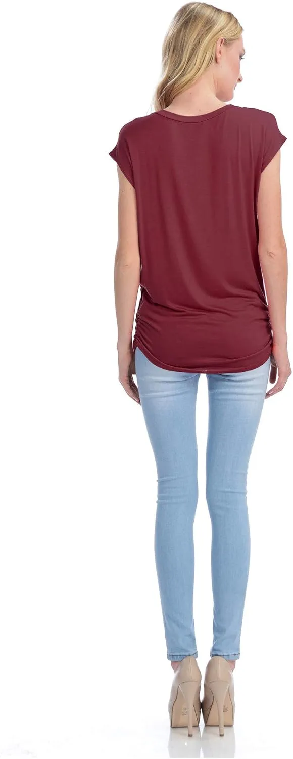 KOGMO Womens Short Sleeve Solid Basic Tunic Top Tee with Side Shirring