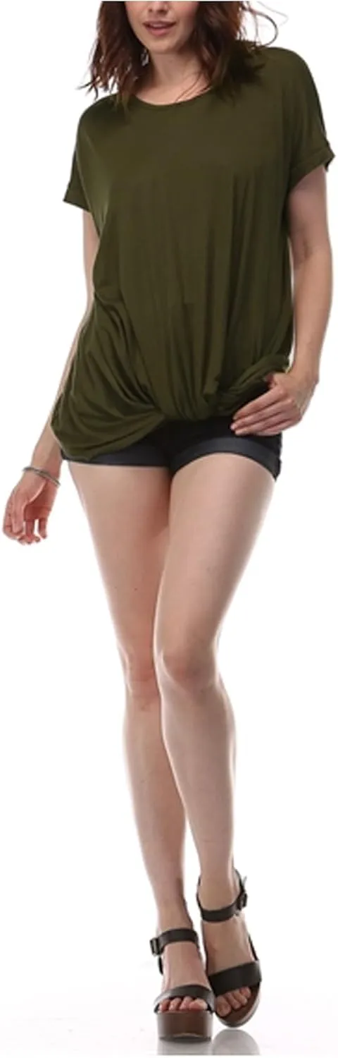 KOGMO Womens Solid Basic Boatneck Dolman Top with Knot on Hemline