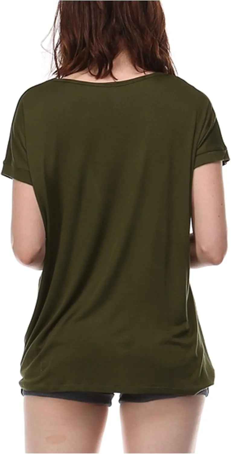 KOGMO Womens Solid Basic Boatneck Dolman Top with Knot on Hemline