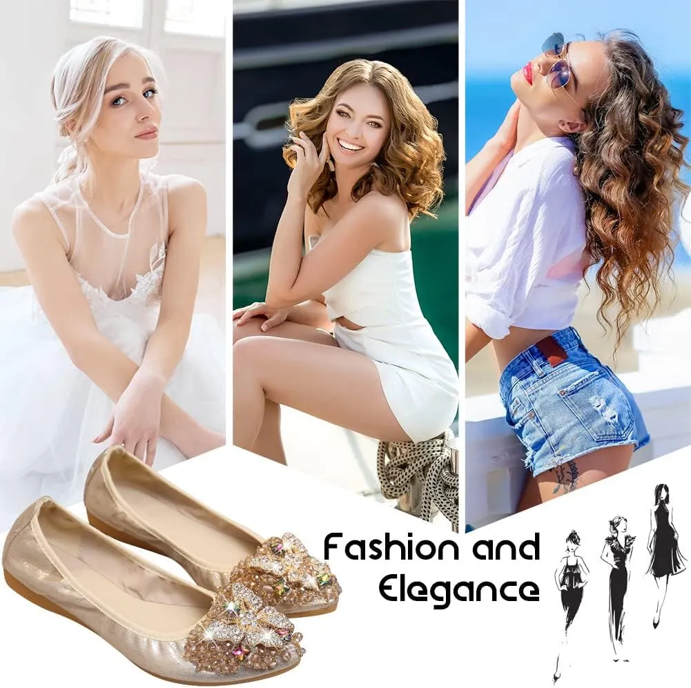 KUNWFNIX Women Ballet Flats Rhinestone Wedding Ballerina Shoes Foldable Sparkly Comfort Slip on Flat Shoes