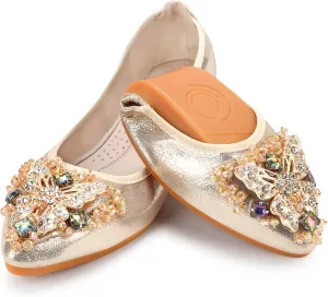 KUNWFNIX Women Ballet Flats Rhinestone Wedding Ballerina Shoes Foldable Sparkly Comfort Slip on Flat Shoes