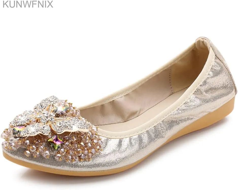 KUNWFNIX Women Ballet Flats Rhinestone Wedding Ballerina Shoes Foldable Sparkly Comfort Slip on Flat Shoes