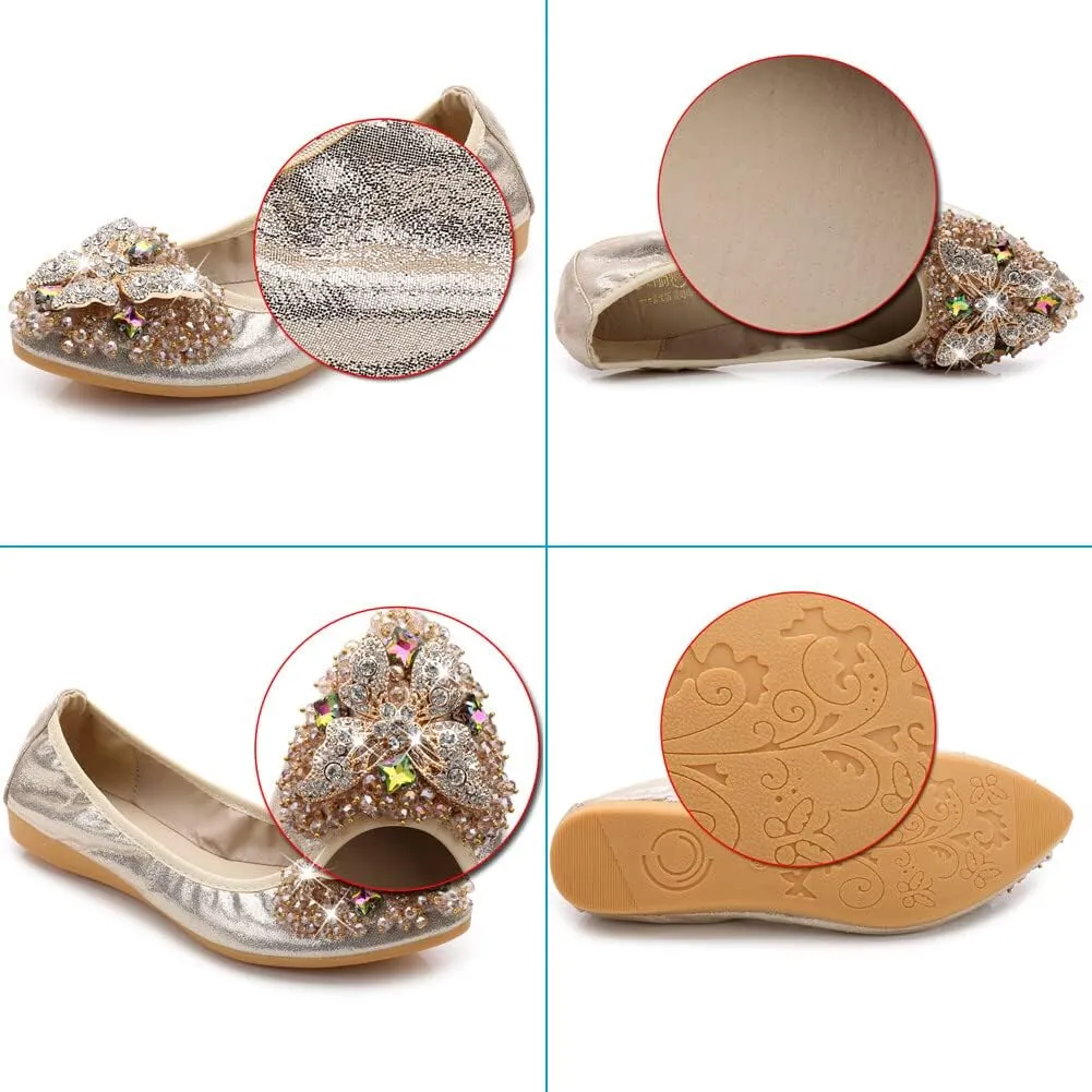 KUNWFNIX Women Ballet Flats Rhinestone Wedding Ballerina Shoes Foldable Sparkly Comfort Slip on Flat Shoes