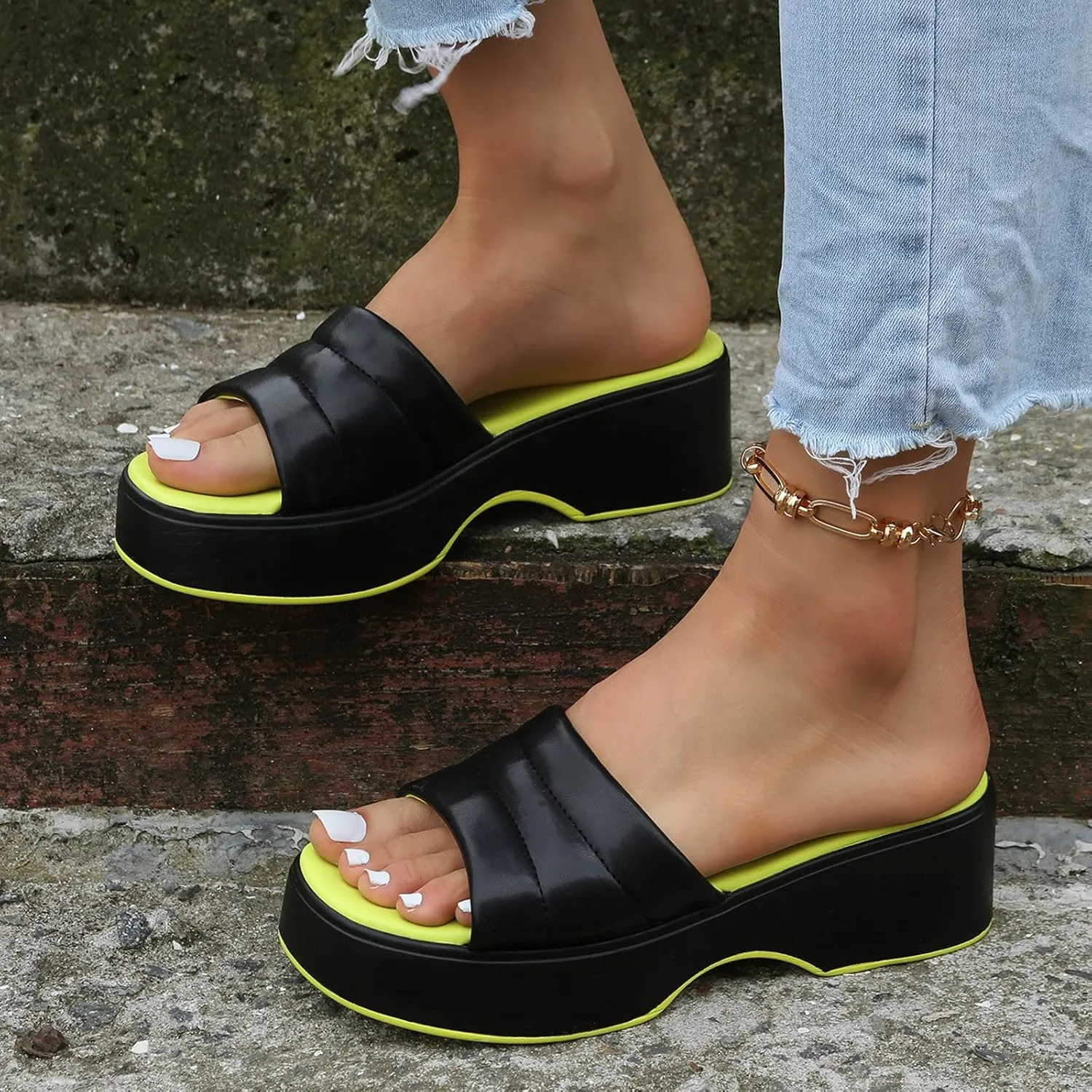 Ladies Fashion Summer Colorblock Leather Comfort Open Toe Thick Sole Slippers Womens Slides Leather