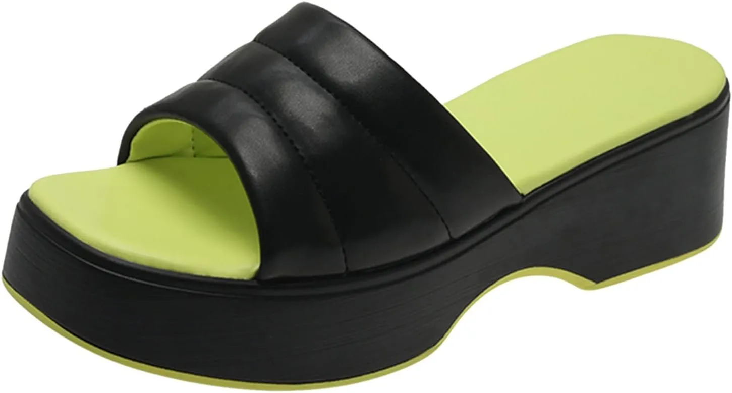 Ladies Fashion Summer Colorblock Leather Comfort Open Toe Thick Sole Slippers Womens Slides Leather