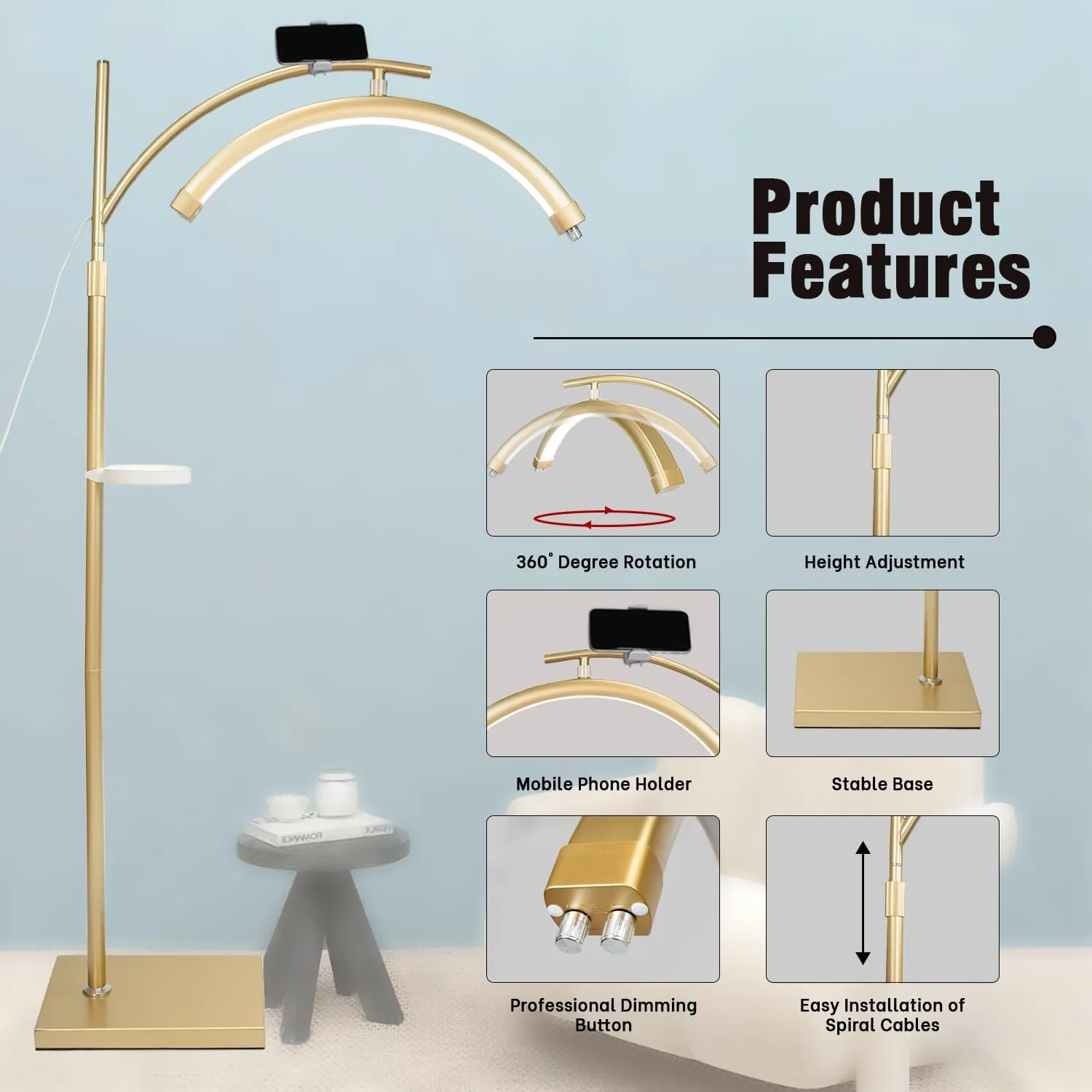 Lash Light Esthetician Lamp for Lash Extensions - LED Floor Lash Lamp Half Moon Ring Facial Light for Eyelash Tech with Pallets & Phone Holder Light for Tattoo Artists, Nail Tech X Gold