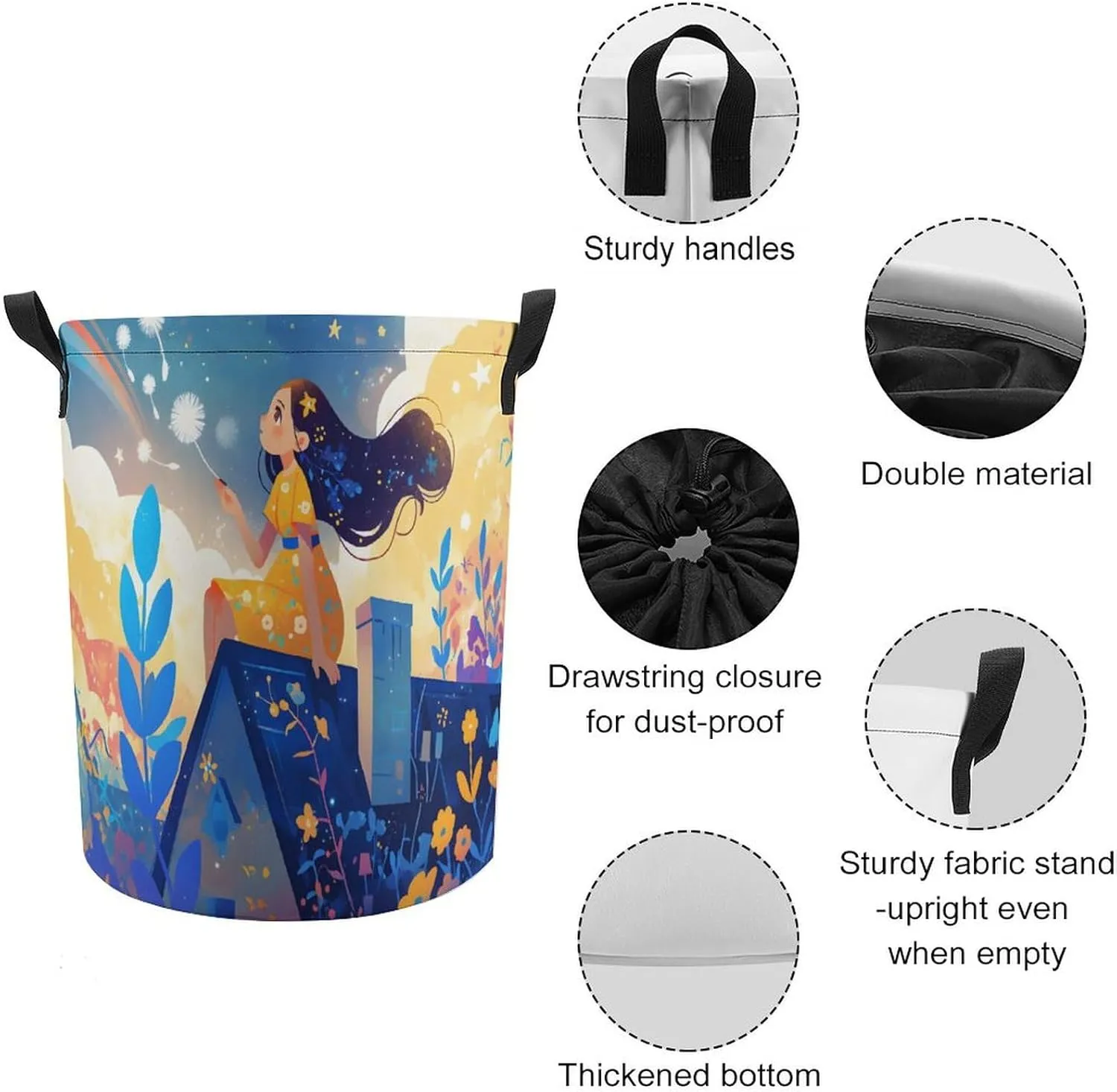 Laundry Hampers, Large Drawstring Laundry Bag, Removable Laundry Bags, Collapsible Storage Bin with Handles for Home Organization, Kids Room, Nursery Art