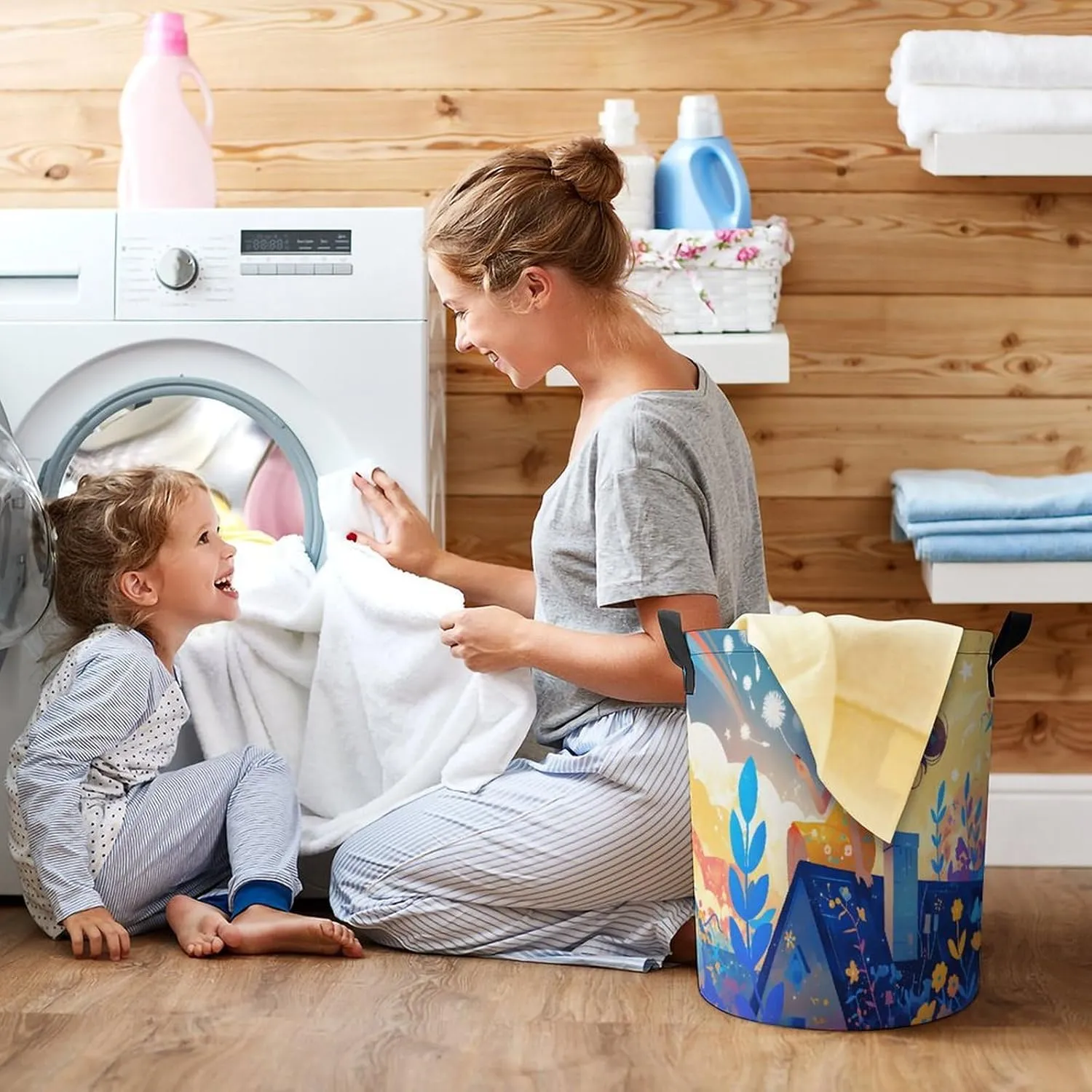 Laundry Hampers, Large Drawstring Laundry Bag, Removable Laundry Bags, Collapsible Storage Bin with Handles for Home Organization, Kids Room, Nursery Art