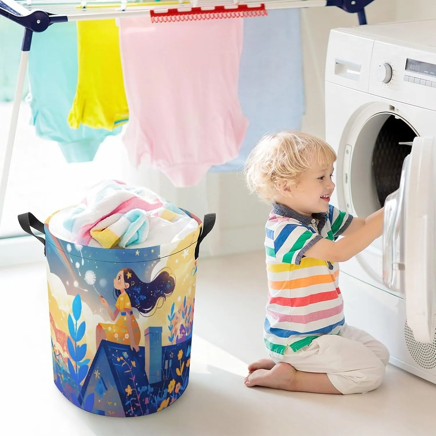 Laundry Hampers, Large Drawstring Laundry Bag, Removable Laundry Bags, Collapsible Storage Bin with Handles for Home Organization, Kids Room, Nursery Art