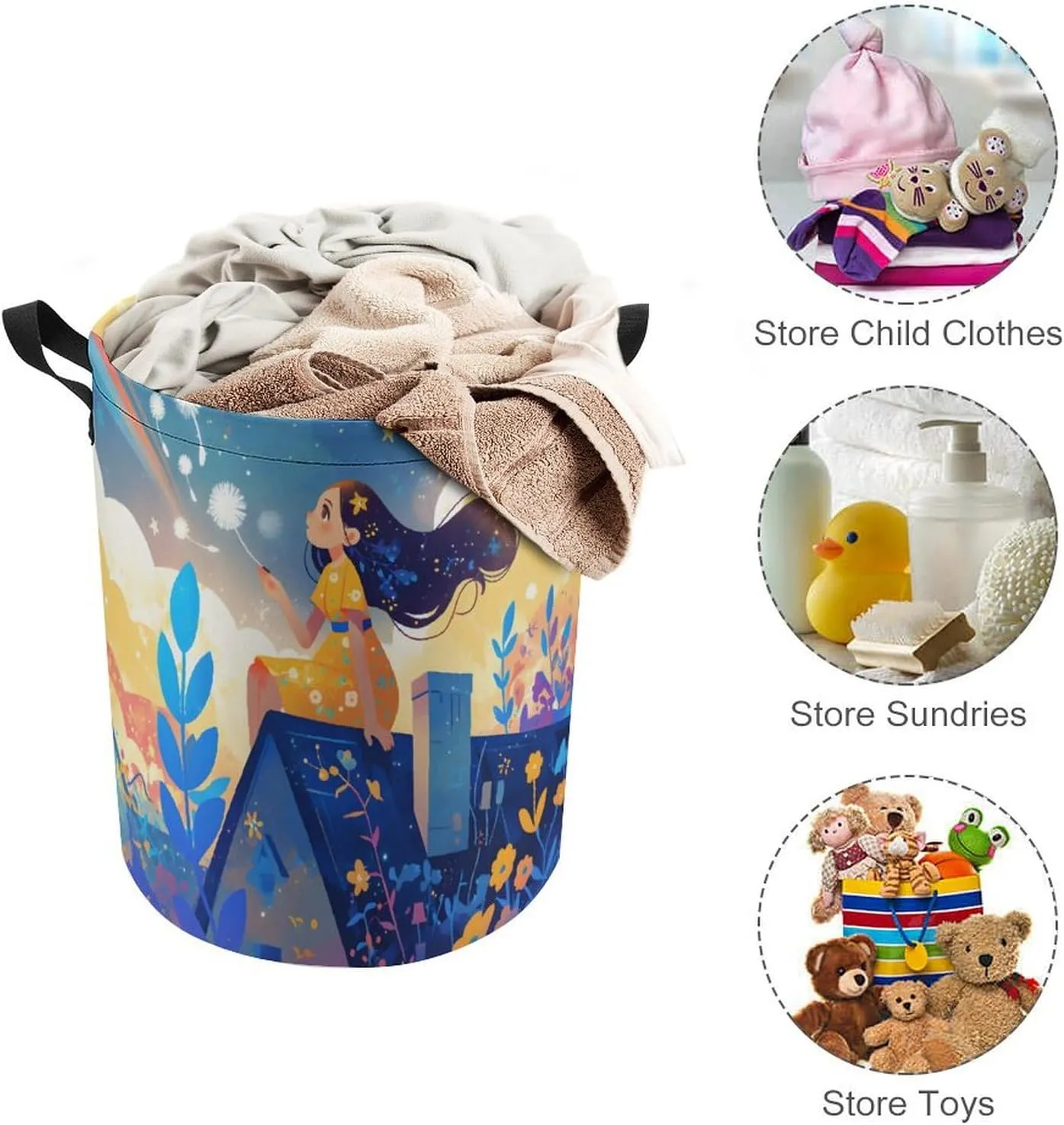 Laundry Hampers, Large Drawstring Laundry Bag, Removable Laundry Bags, Collapsible Storage Bin with Handles for Home Organization, Kids Room, Nursery Art