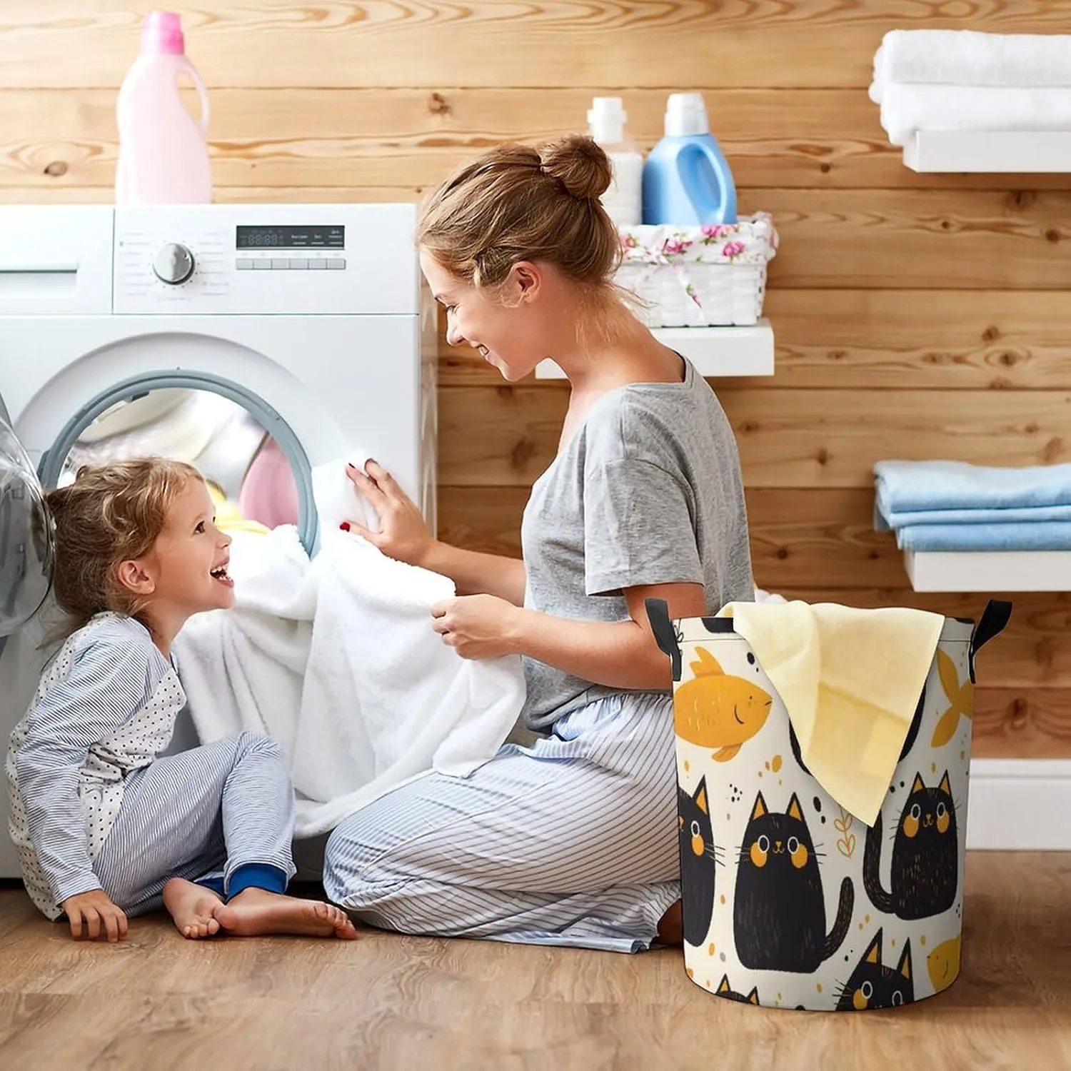 Laundry Hampers, Large Drawstring Laundry Bag, Removable Laundry Bags, Collapsible Storage Bin with Handles for Home Organization, Kids Room, Nursery Felidae