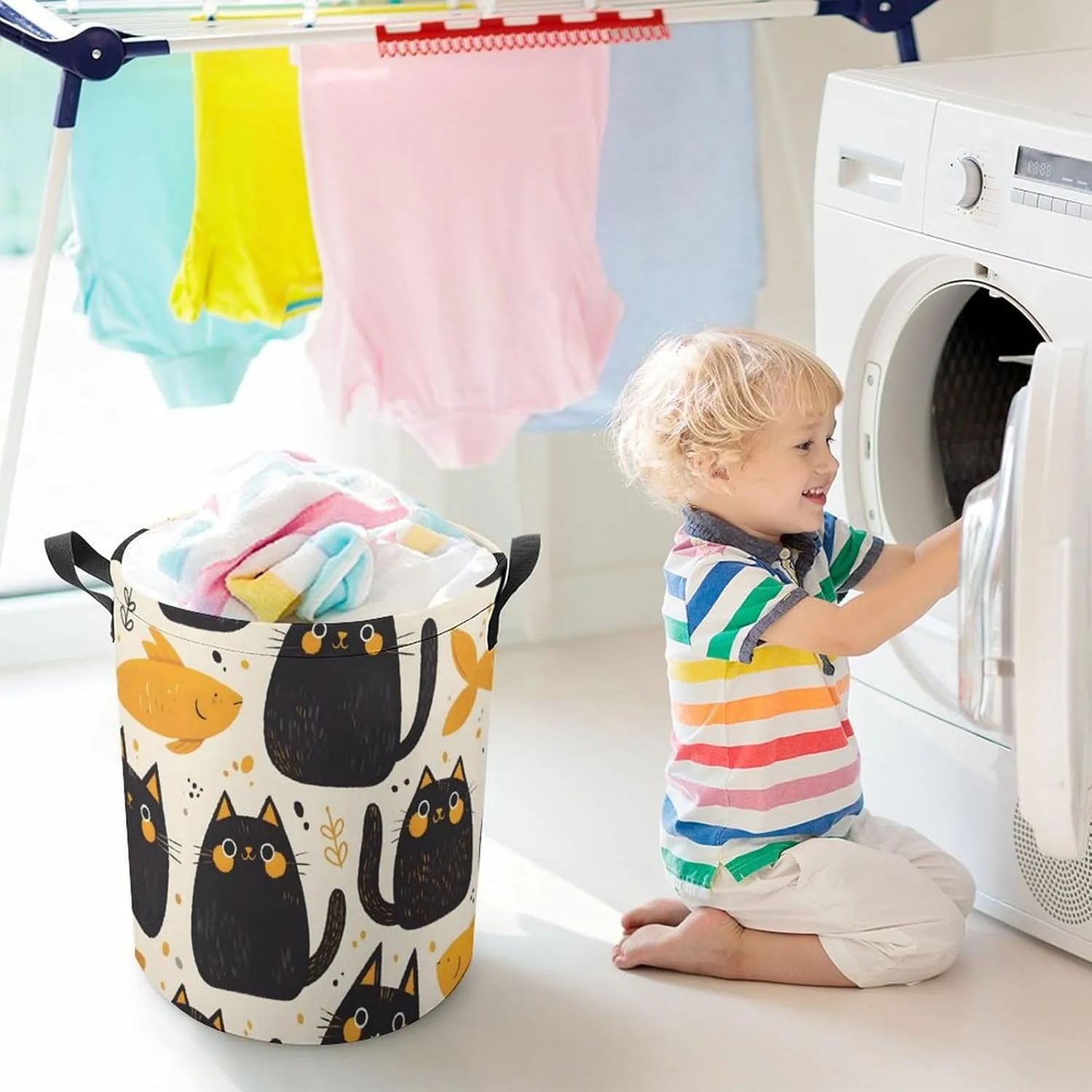 Laundry Hampers, Large Drawstring Laundry Bag, Removable Laundry Bags, Collapsible Storage Bin with Handles for Home Organization, Kids Room, Nursery Felidae