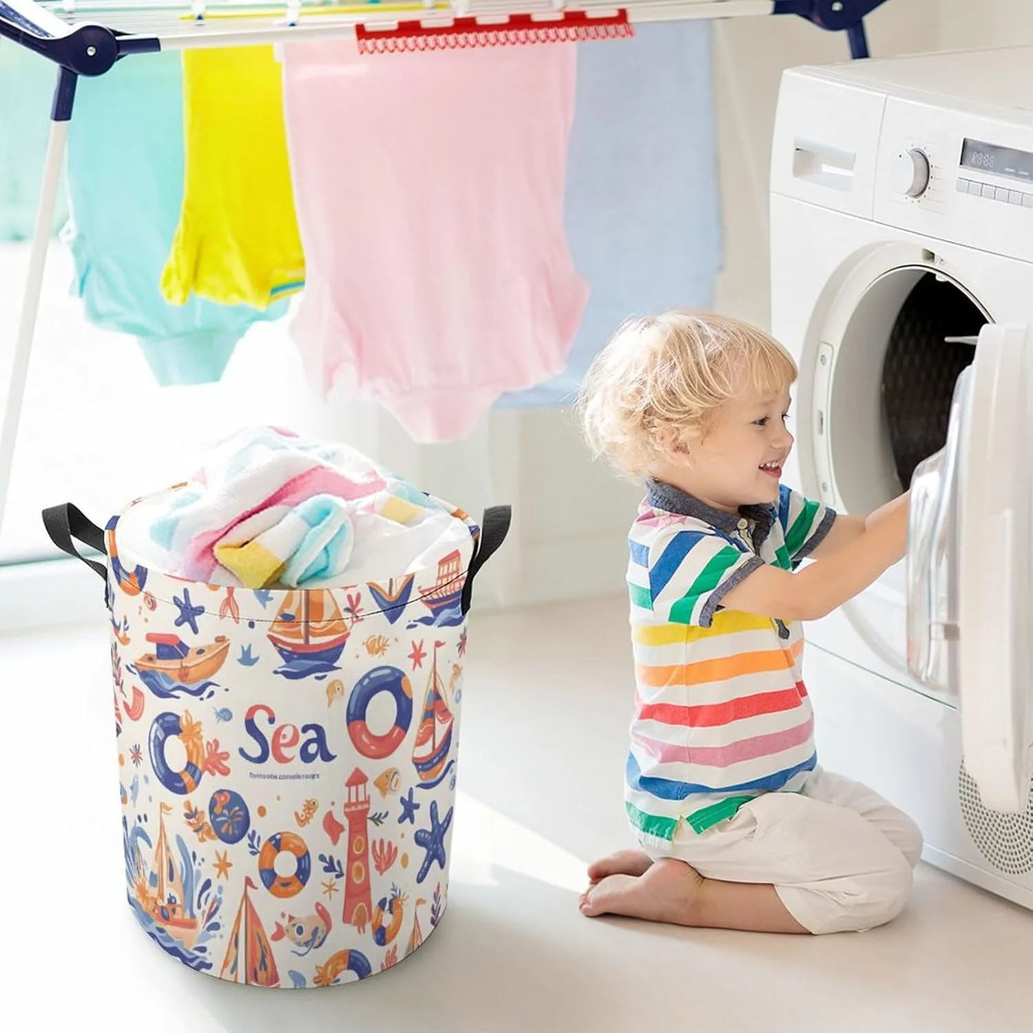 Laundry Hampers, Large Drawstring Laundry Bag, Removable Laundry Bags, Collapsible Storage Bin with Handles for Home Organization, Kids Room, Nursery Font