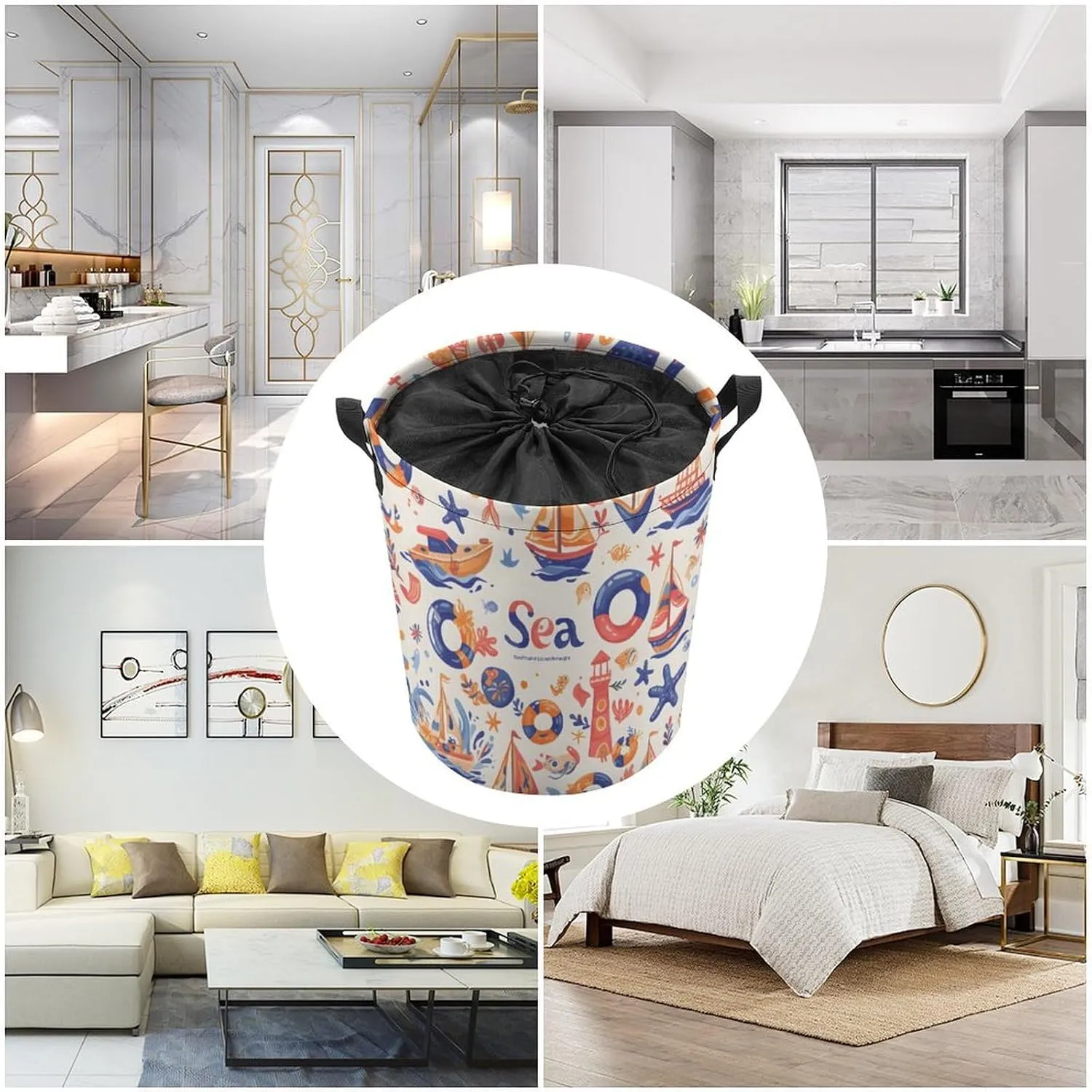 Laundry Hampers, Large Drawstring Laundry Bag, Removable Laundry Bags, Collapsible Storage Bin with Handles for Home Organization, Kids Room, Nursery Font