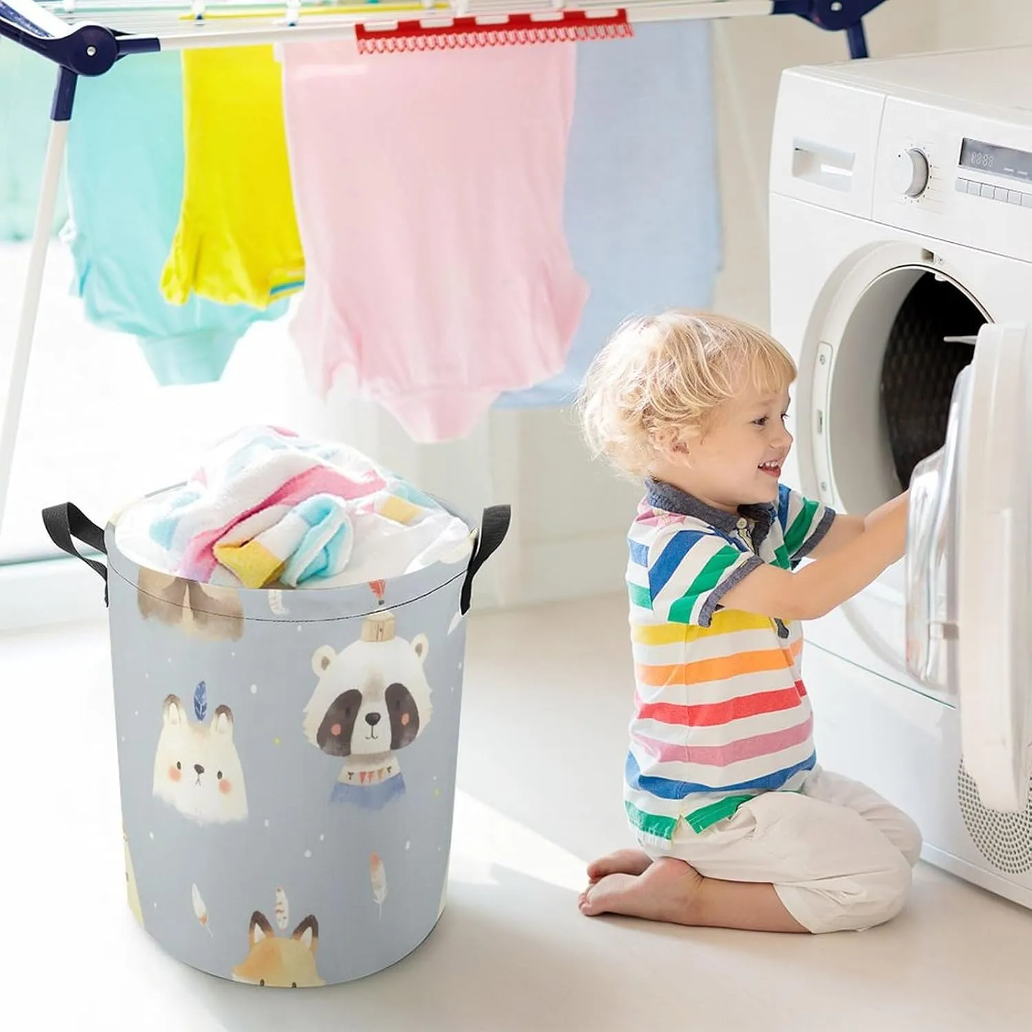 Laundry Hampers, Large Drawstring Laundry Bag, Removable Laundry Bags, Collapsible Storage Bin with Handles for Home Organization, Kids Room, Nursery Mammal
