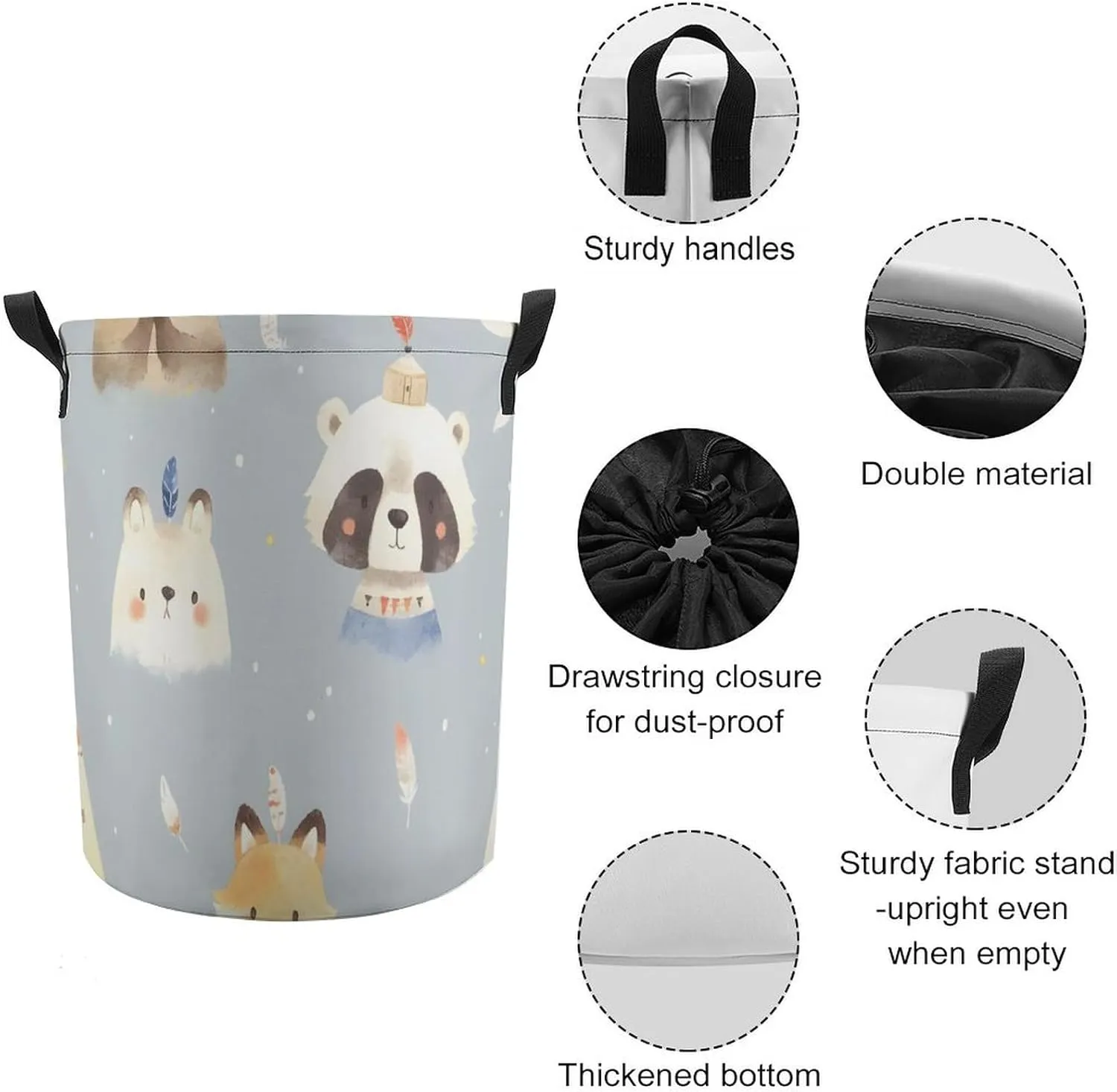 Laundry Hampers, Large Drawstring Laundry Bag, Removable Laundry Bags, Collapsible Storage Bin with Handles for Home Organization, Kids Room, Nursery Mammal