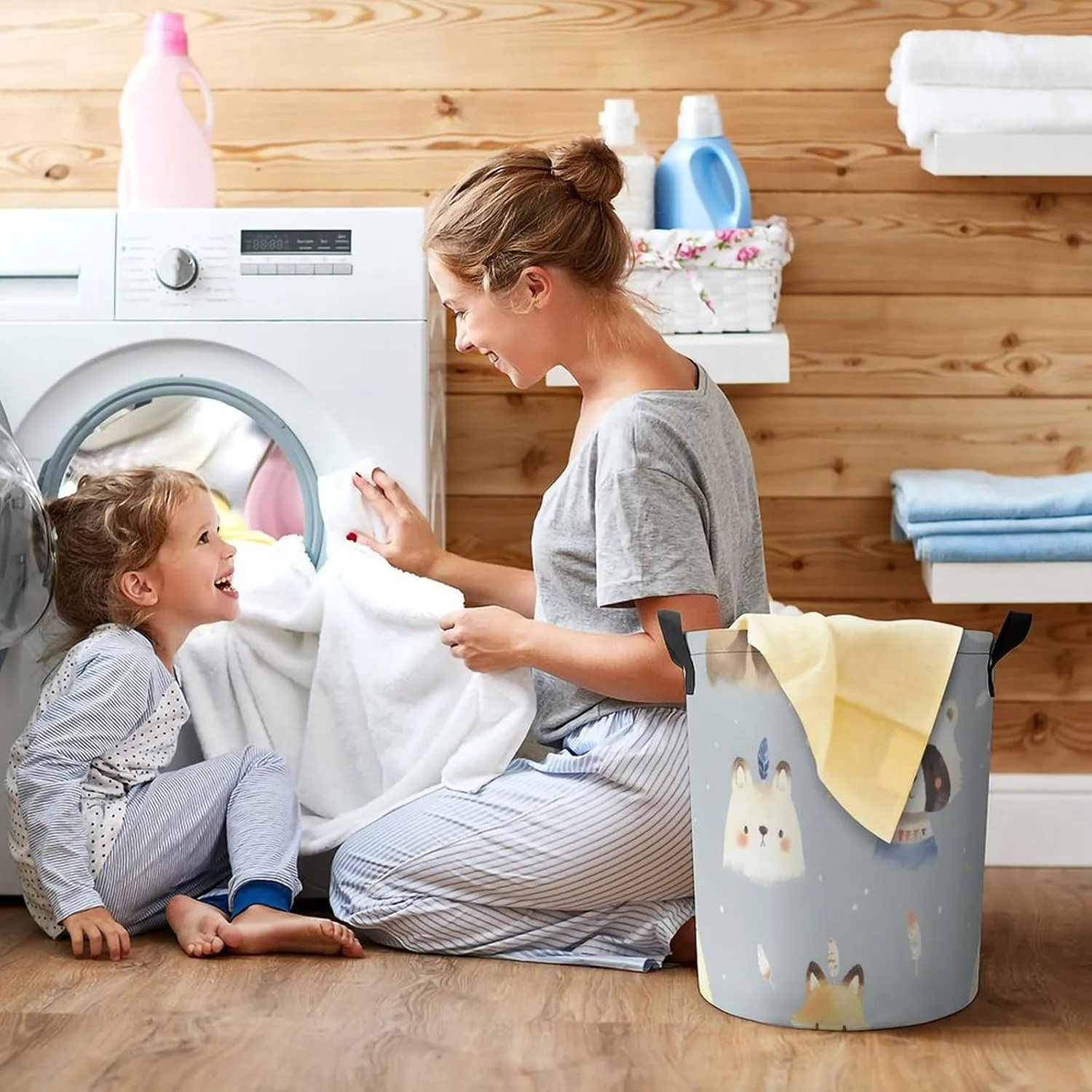 Laundry Hampers, Large Drawstring Laundry Bag, Removable Laundry Bags, Collapsible Storage Bin with Handles for Home Organization, Kids Room, Nursery Mammal
