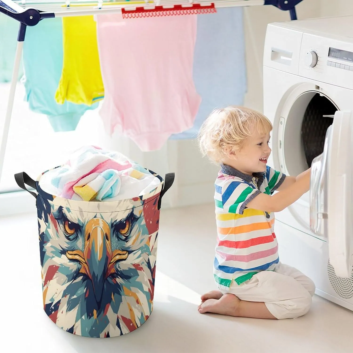 Laundry Hampers, Large Drawstring Laundry Bag, Removable Laundry Bags, Collapsible Storage Bin with Handles for Home Organization, Kids Room, Nursery Whiskers