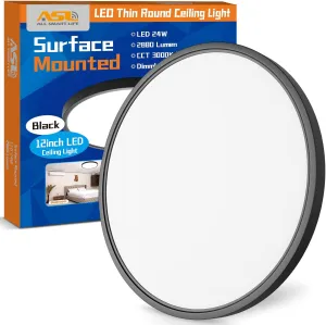 LED Flush Mount Ceiling Light Fixture, Black 1-Pack 24W 12inch 2880lm CCT 3000K/4000K/6500K Thin Round Flat Panel Light Surface Mount for Bedroom, Kitchen, Bathroom. Dimmable Ceiling Lamp