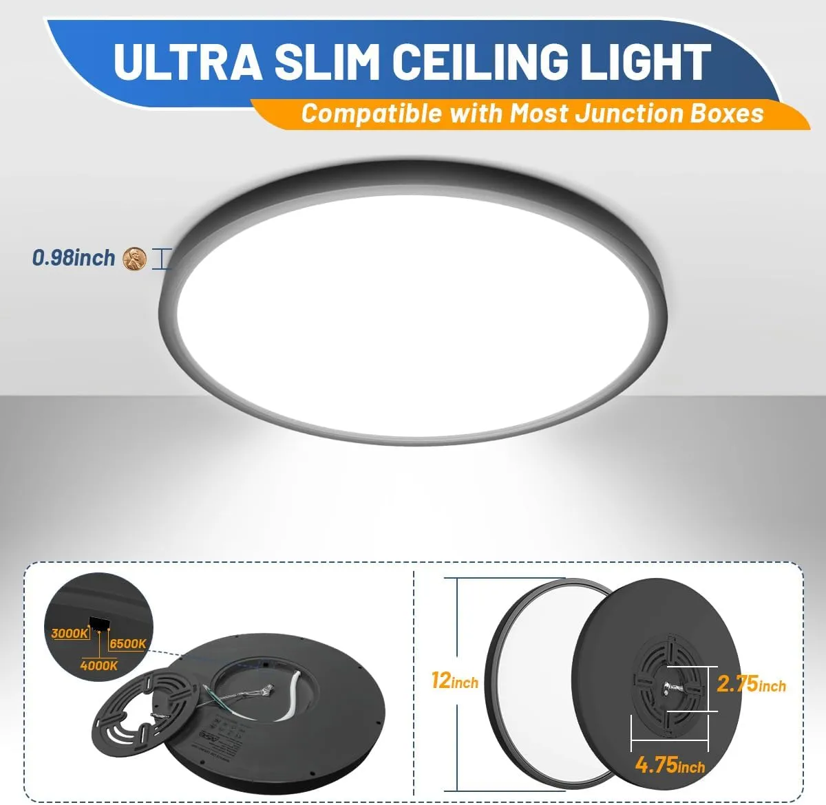 LED Flush Mount Ceiling Light Fixture, Black 1-Pack 24W 12inch 2880lm CCT 3000K/4000K/6500K Thin Round Flat Panel Light Surface Mount for Bedroom, Kitchen, Bathroom. Dimmable Ceiling Lamp