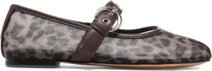 Leopard Mesh Ballet Flats for Women Animal Print Round Toe Mary Jane Flats Silver Buckle Comfortable Ballerina Shoes