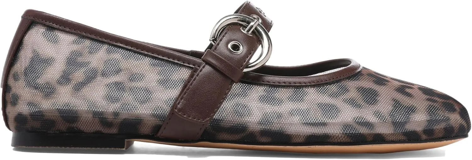 Leopard Mesh Ballet Flats for Women Animal Print Round Toe Mary Jane Flats Silver Buckle Comfortable Ballerina Shoes