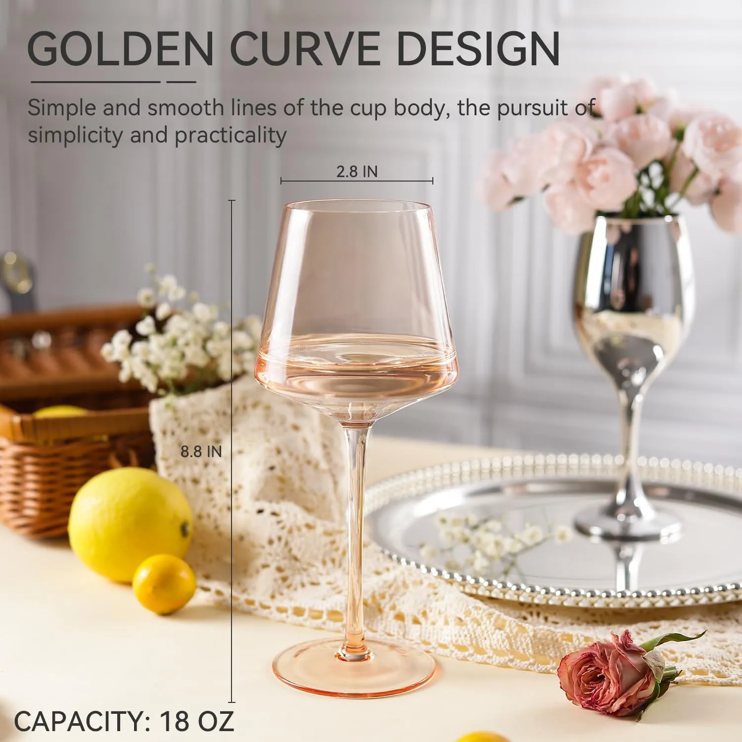 Light Pink Wine Glasses Set of 6,18oz Blush Pink Wine Glassware Gift Set -Light peach Hand Blown Glass Drinkware for Red White Wine