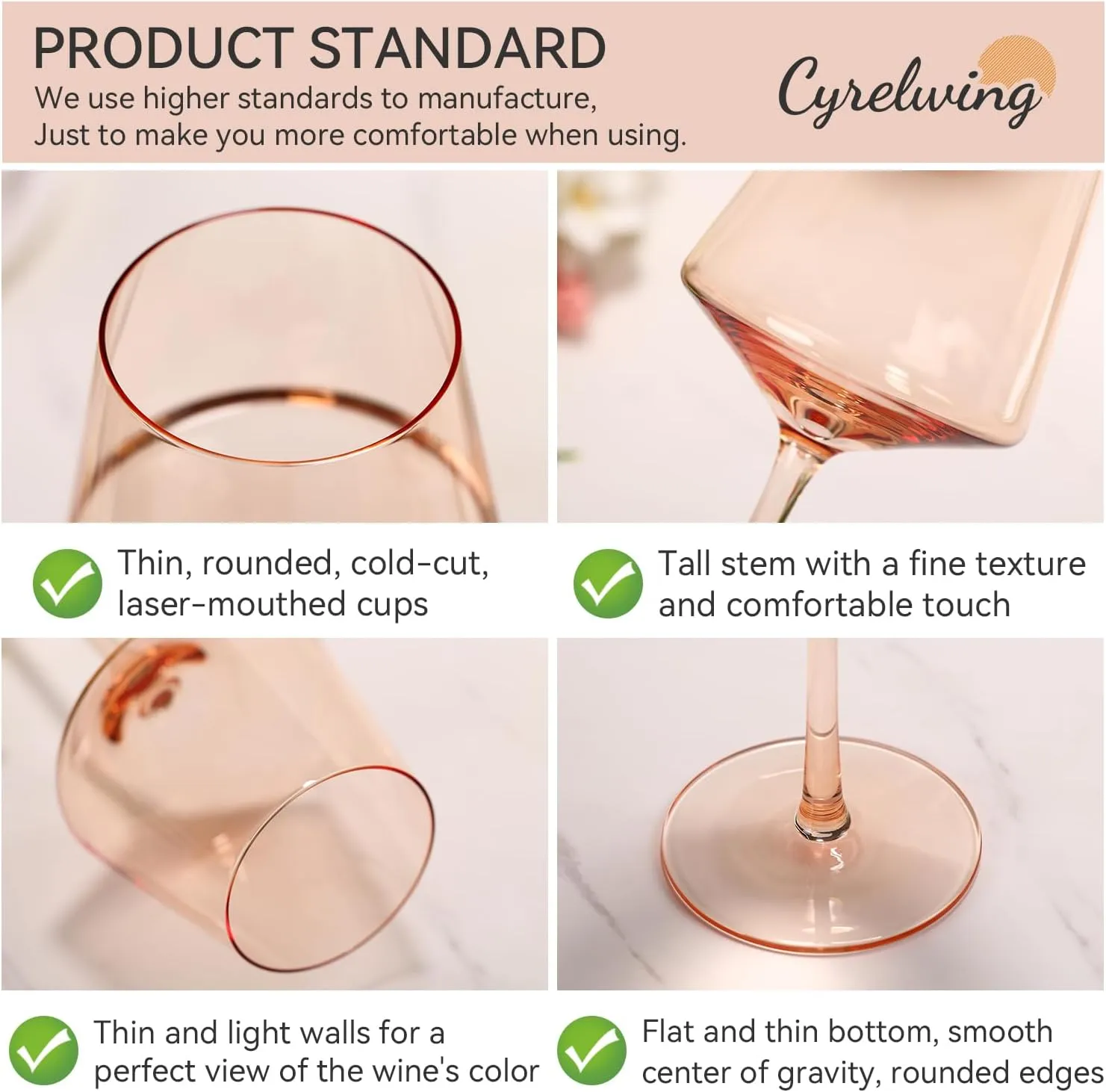 Light Pink Wine Glasses Set of 6,18oz Blush Pink Wine Glassware Gift Set -Light peach Hand Blown Glass Drinkware for Red White Wine